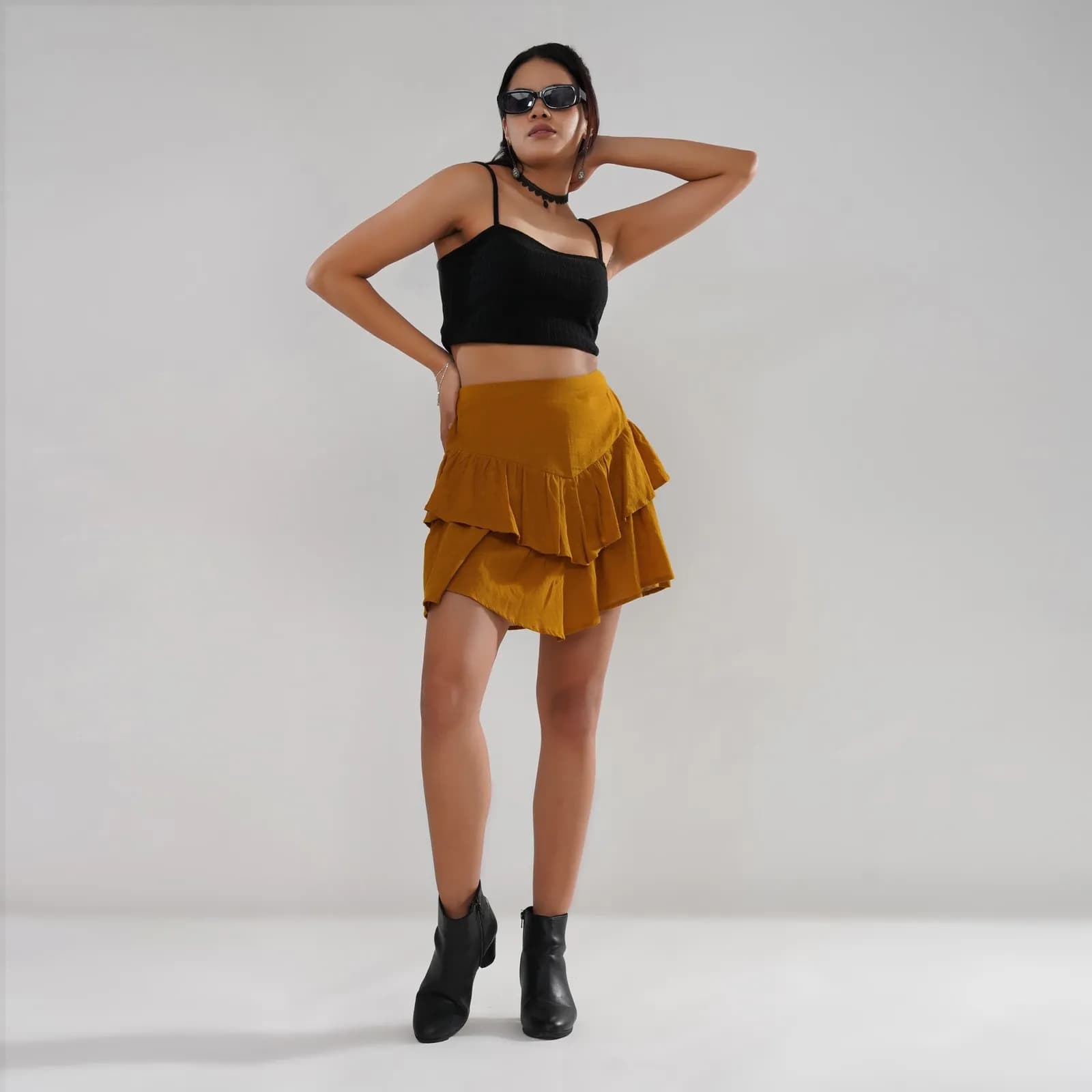 Asymmetrical Ruffle Cotton Slub Skirt in Mustard