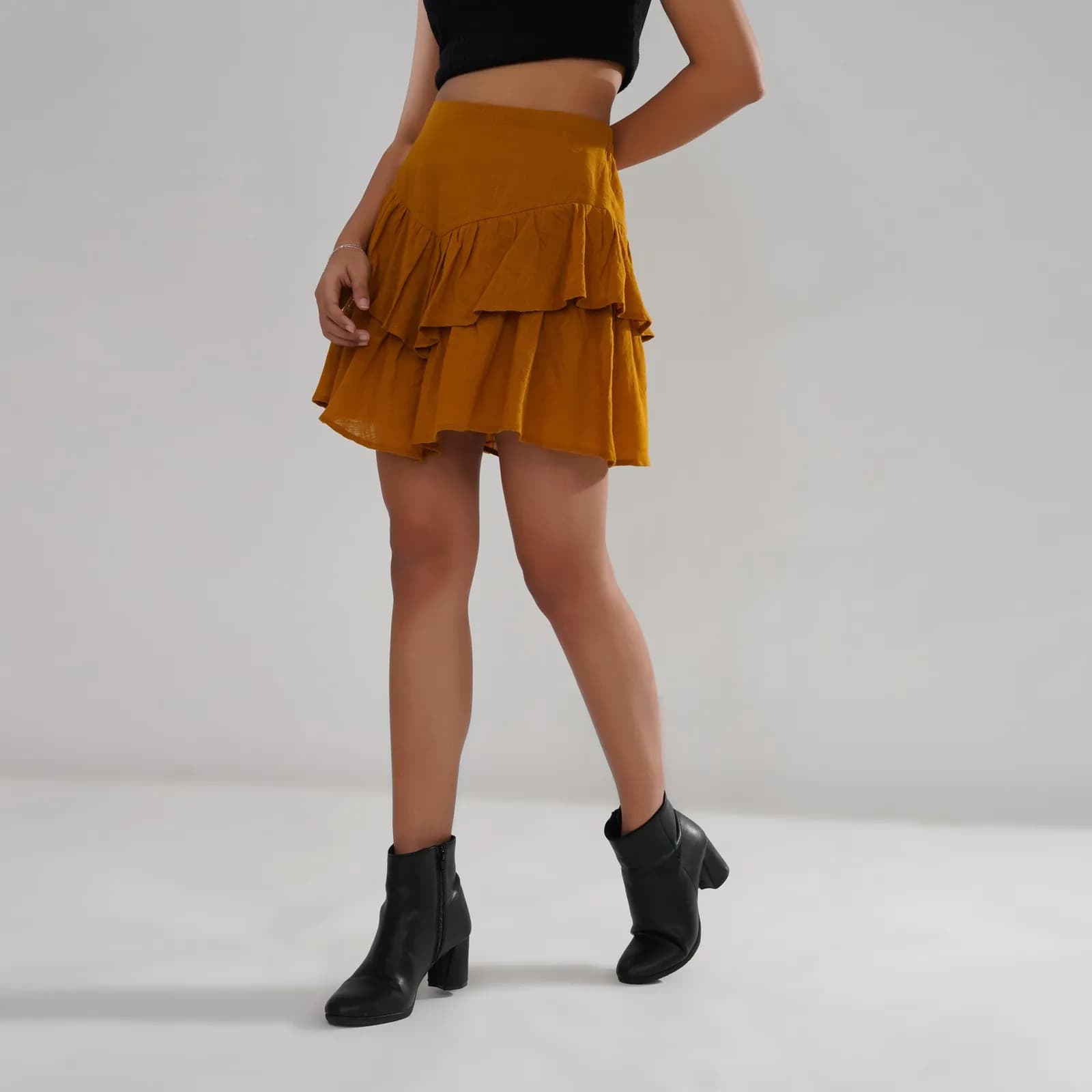 Asymmetrical Ruffle Cotton Slub Skirt in Mustard
