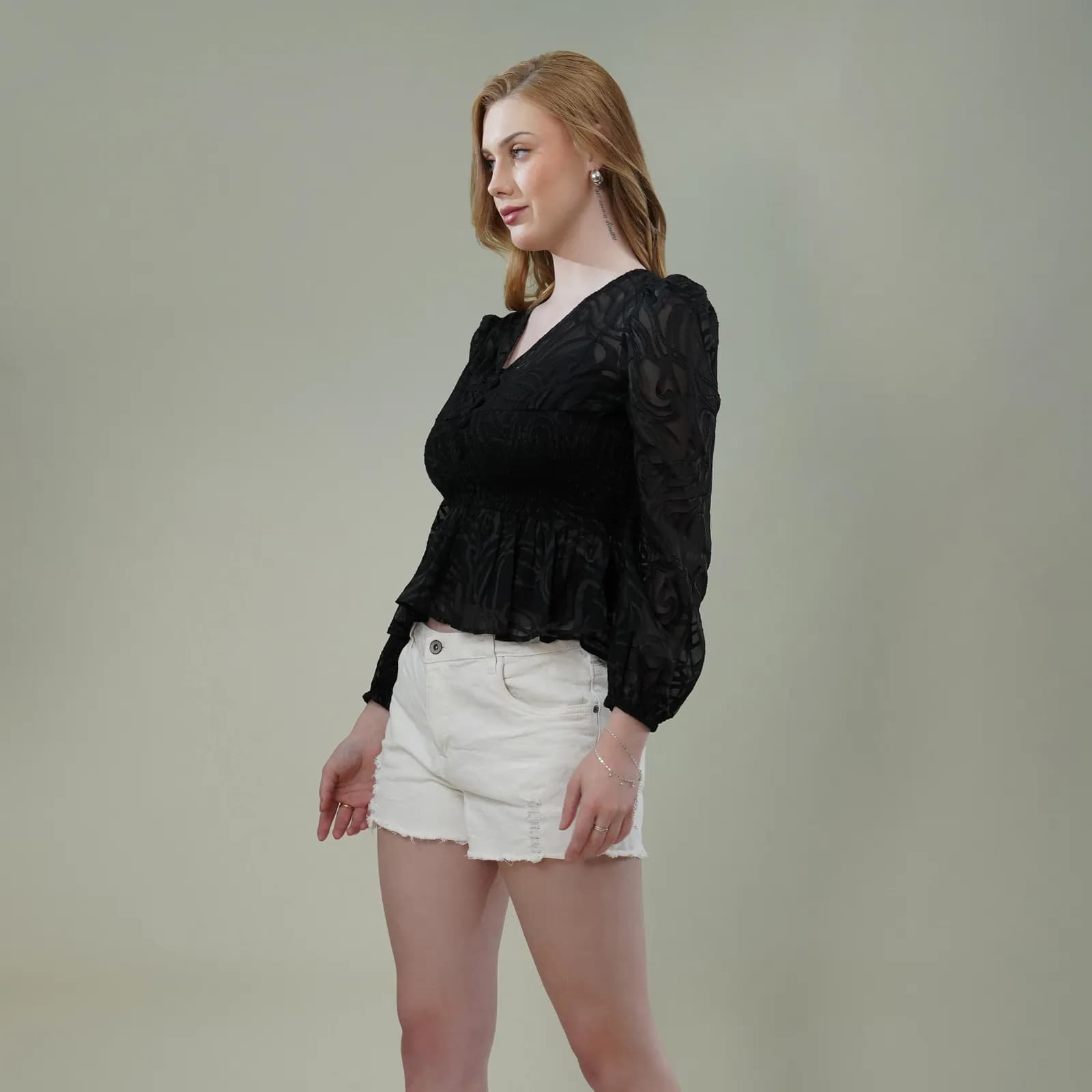 Black Georgette Burnout Textured Top with Smocked Waist