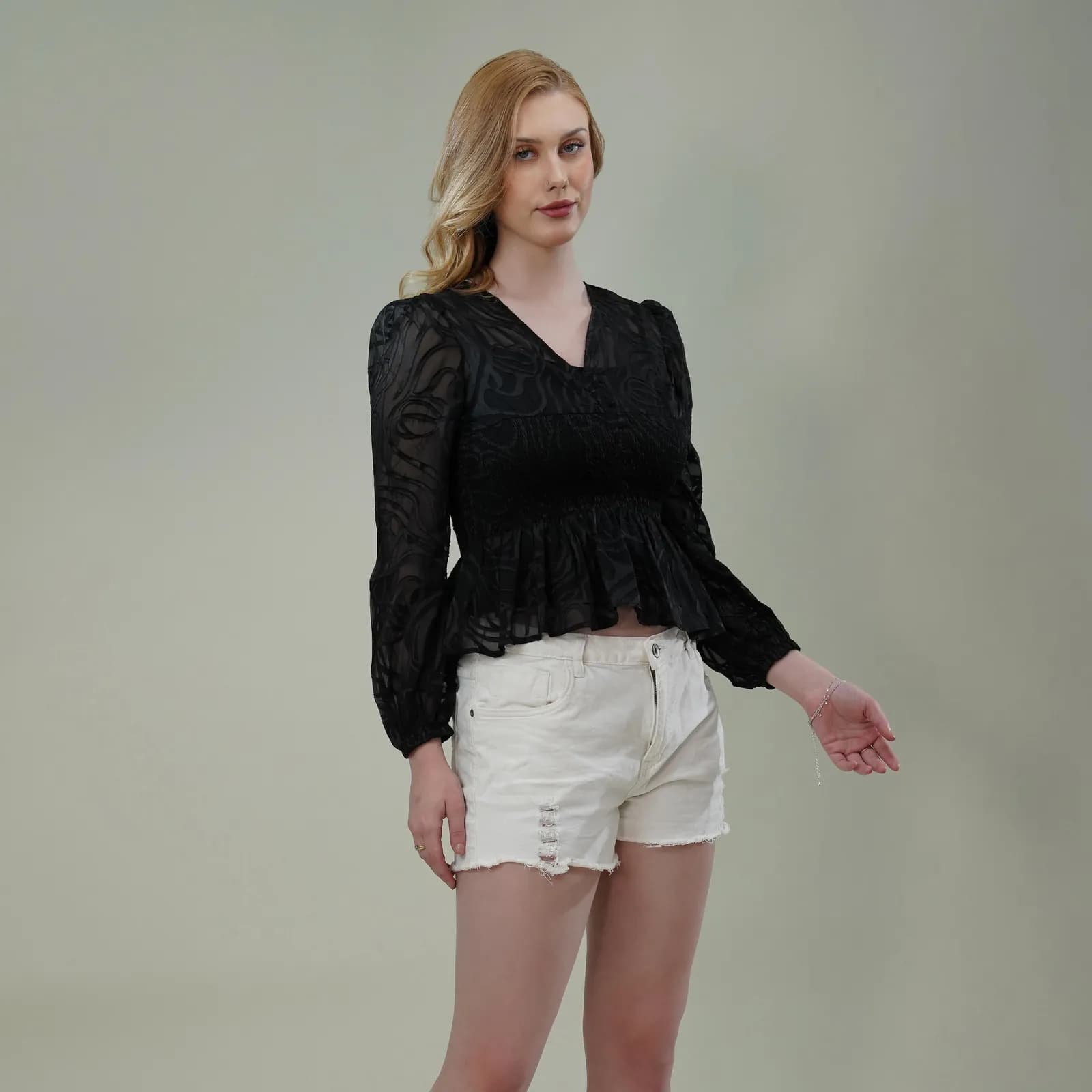 Black Georgette Burnout Textured Top with Smocked Waist