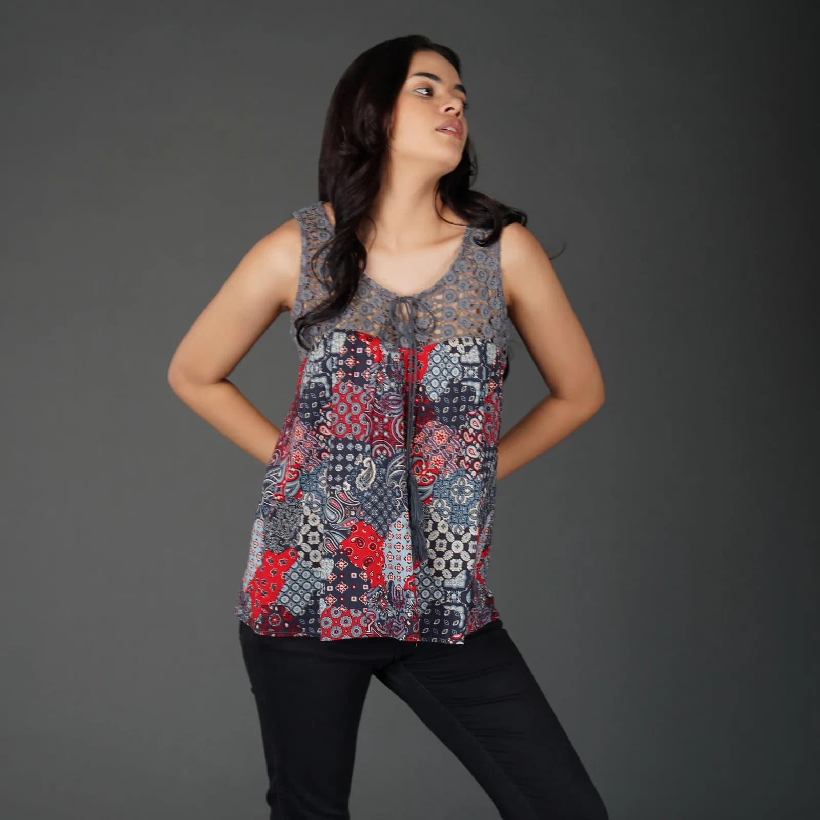 Boho Patchwork Print Crochet Lace Sleeveless Top