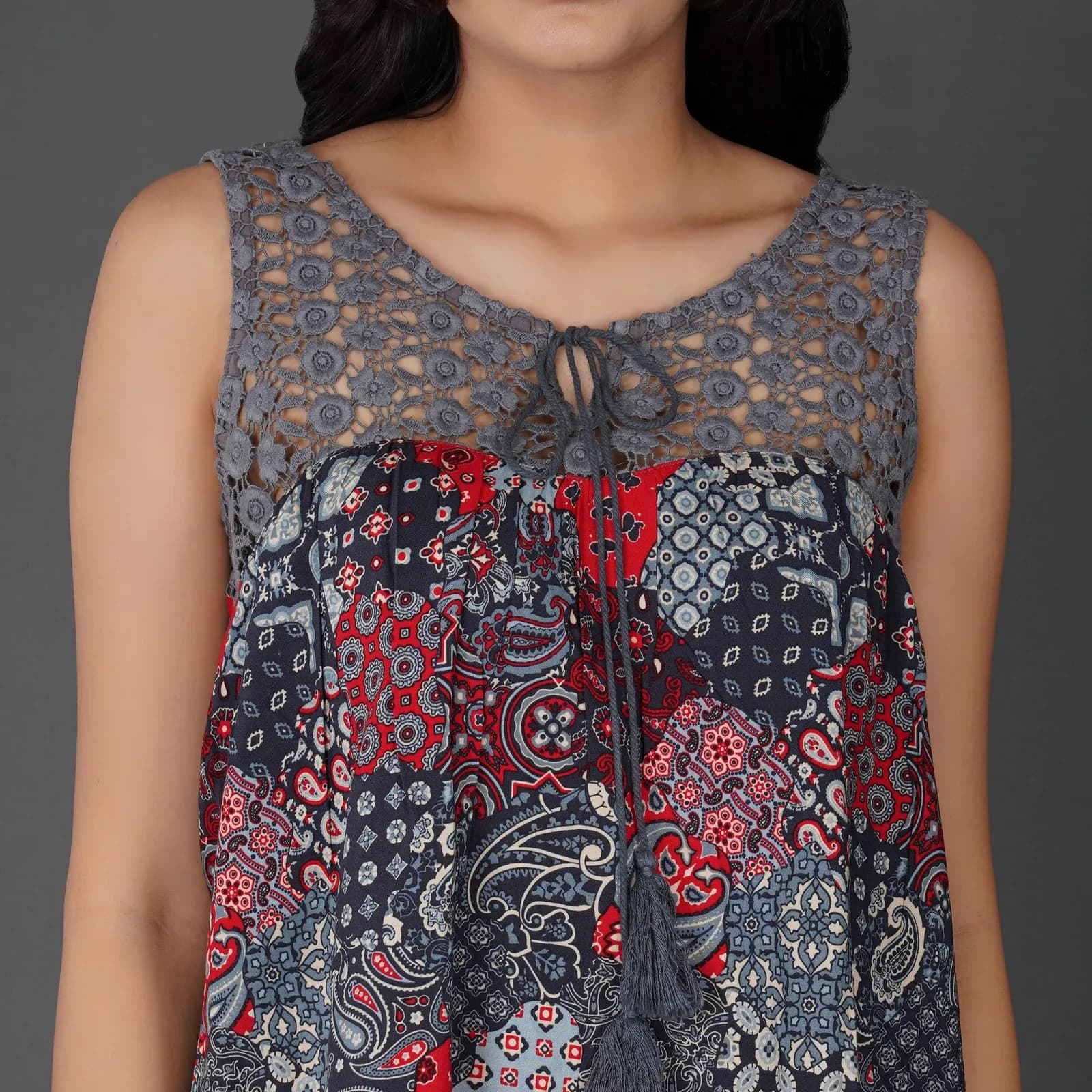 Boho Patchwork Print Crochet Lace Sleeveless Top