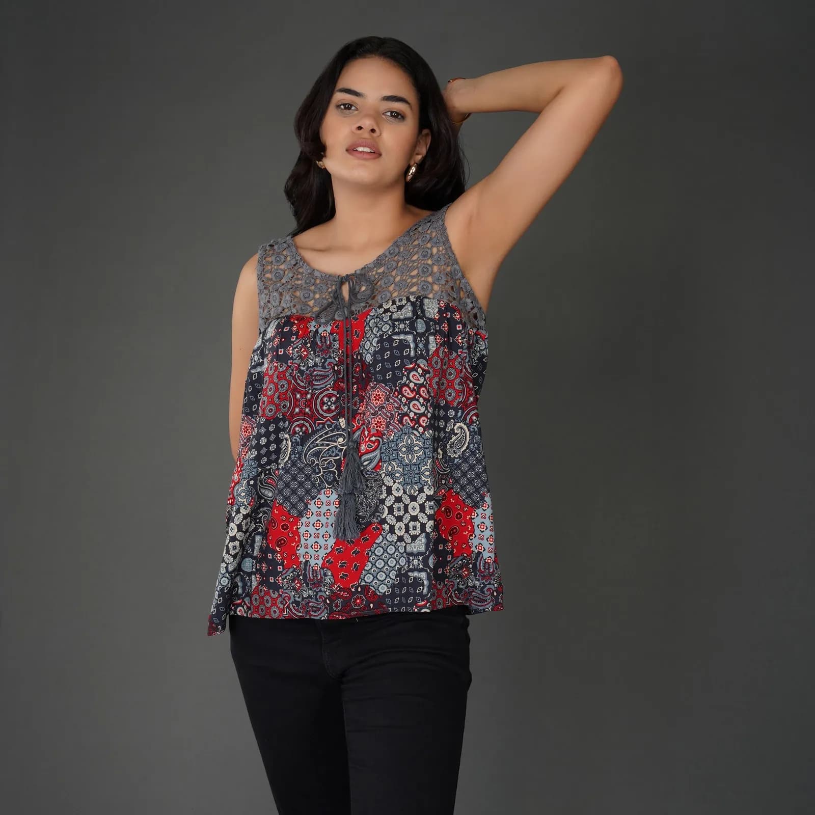 Boho Patchwork Print Crochet Lace Sleeveless Top