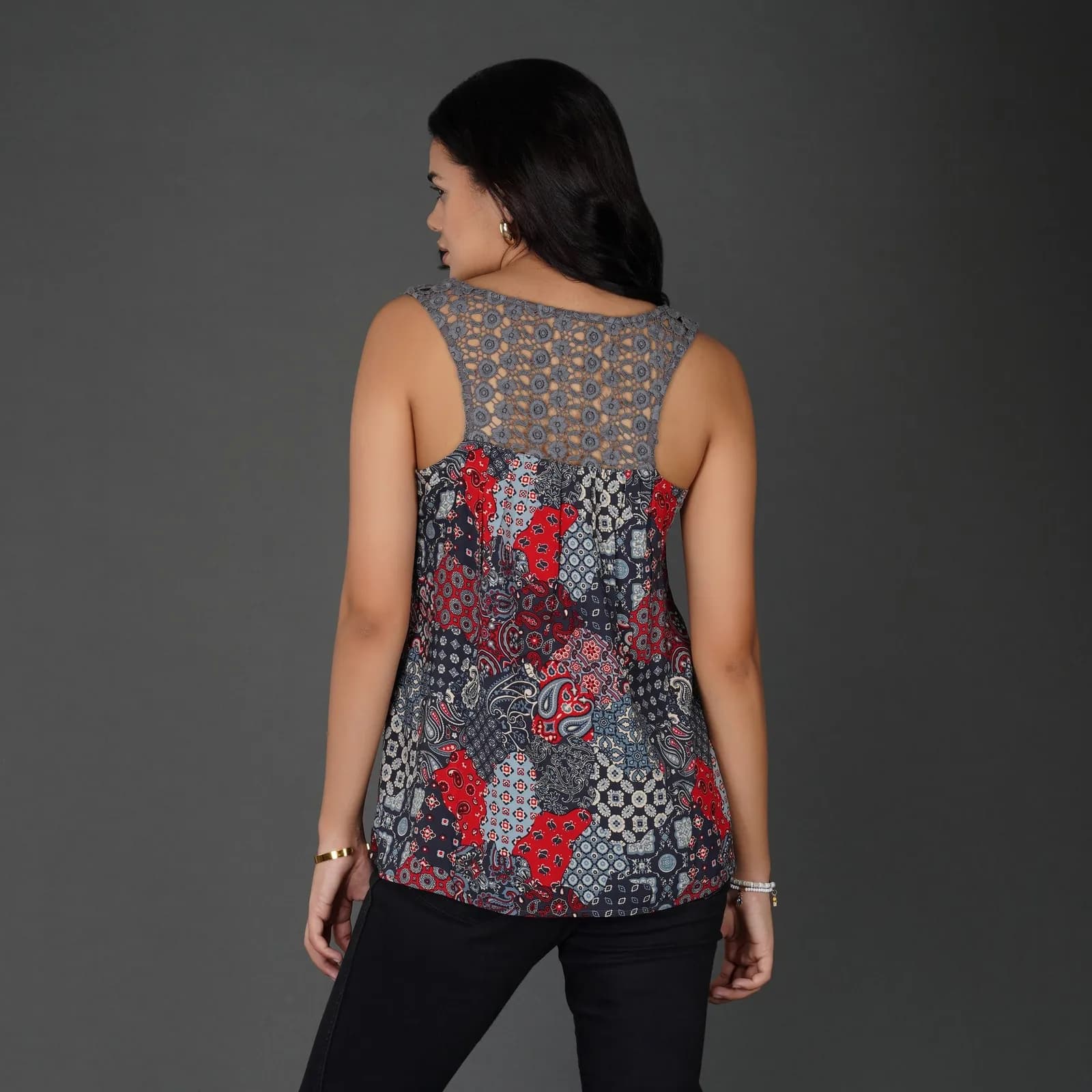 Boho Patchwork Print Crochet Lace Sleeveless Top