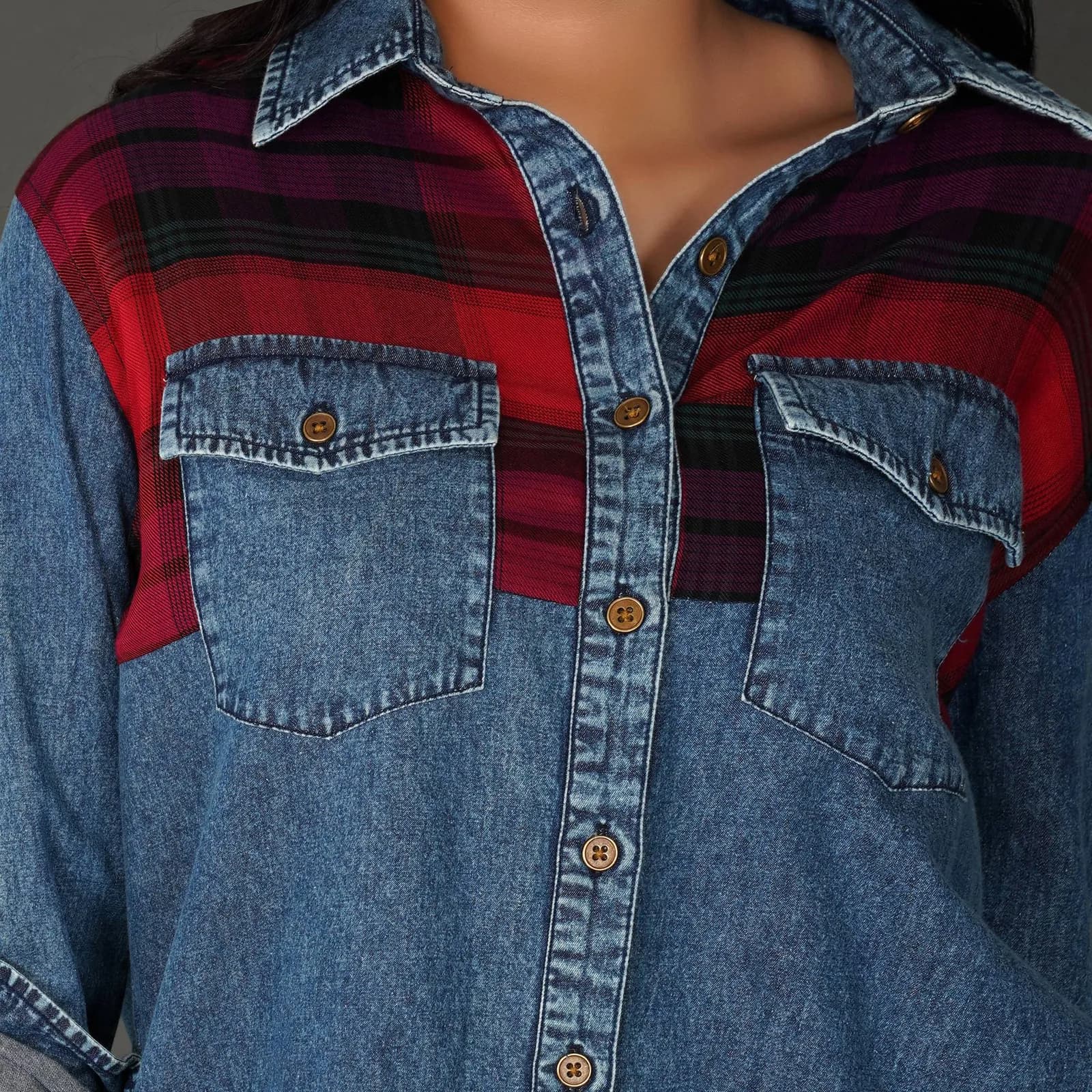 Checkered Yoke Denim Shirt with Roll-Up Sleeves