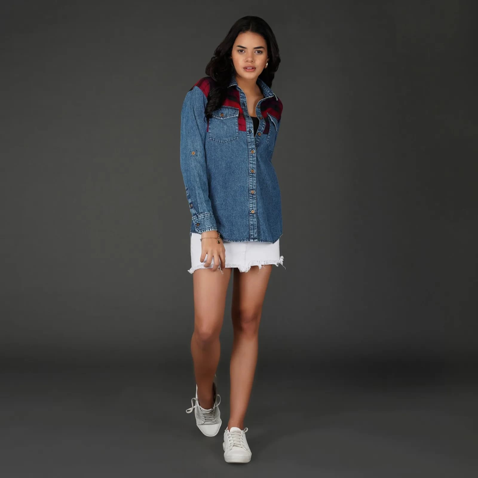 Checkered Yoke Denim Shirt with Roll-Up Sleeves