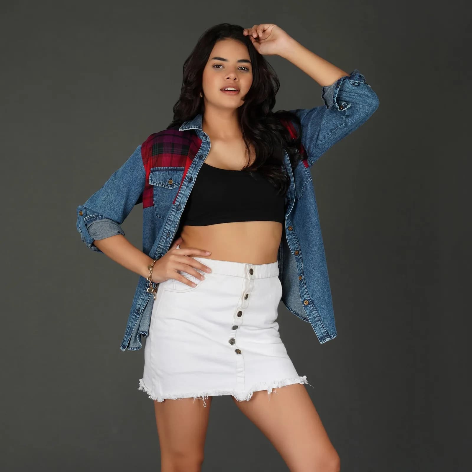 Checkered Yoke Denim Shirt with Roll-Up Sleeves