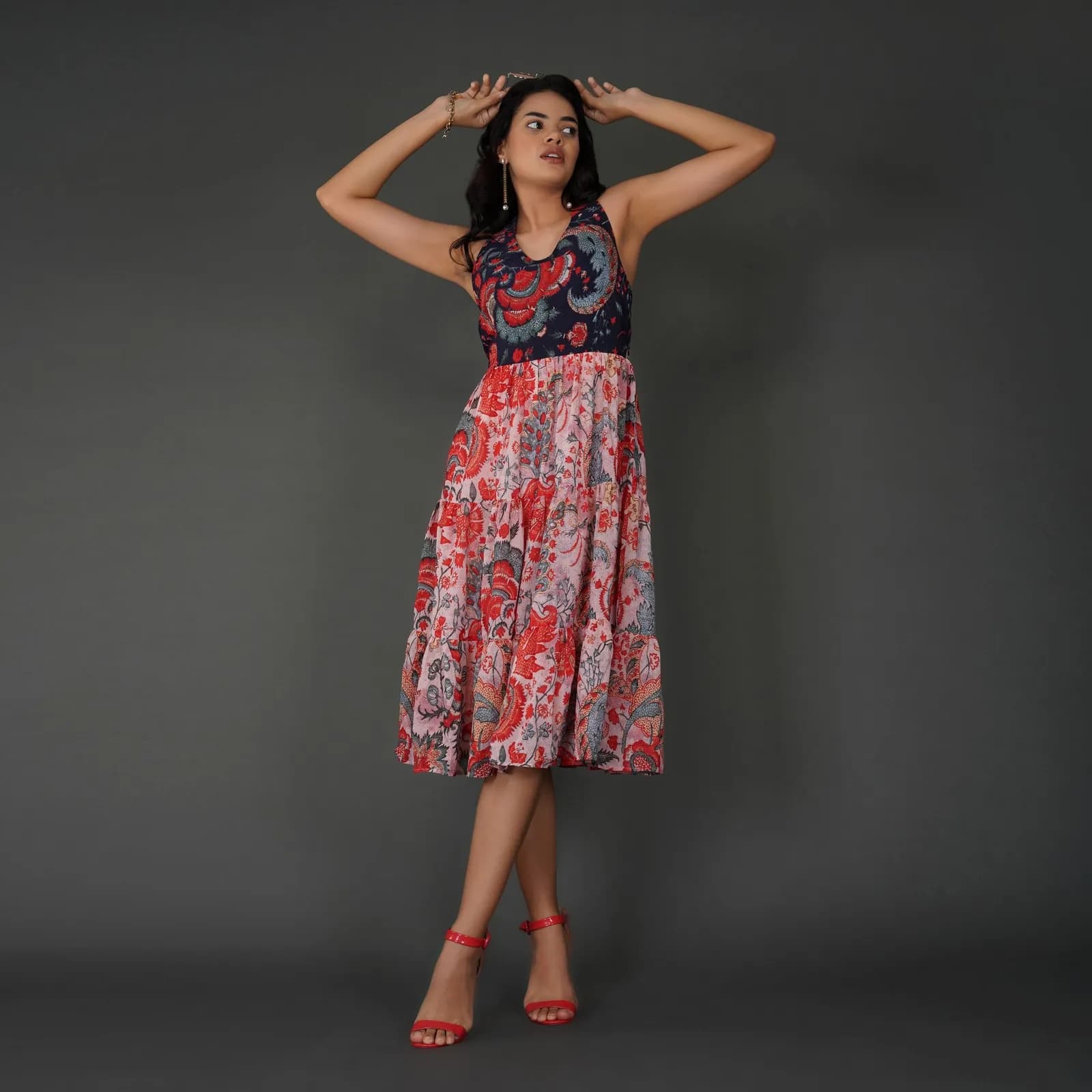 Elegant Printed Georgette Halter Midi Dress with Tiered Skirt