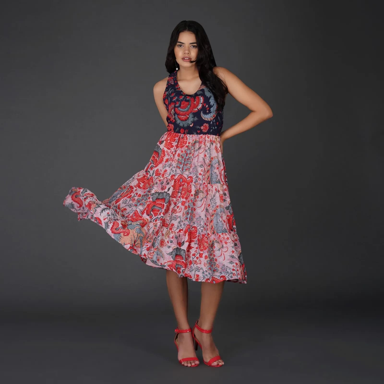Elegant Printed Georgette Halter Midi Dress with Tiered Skirt