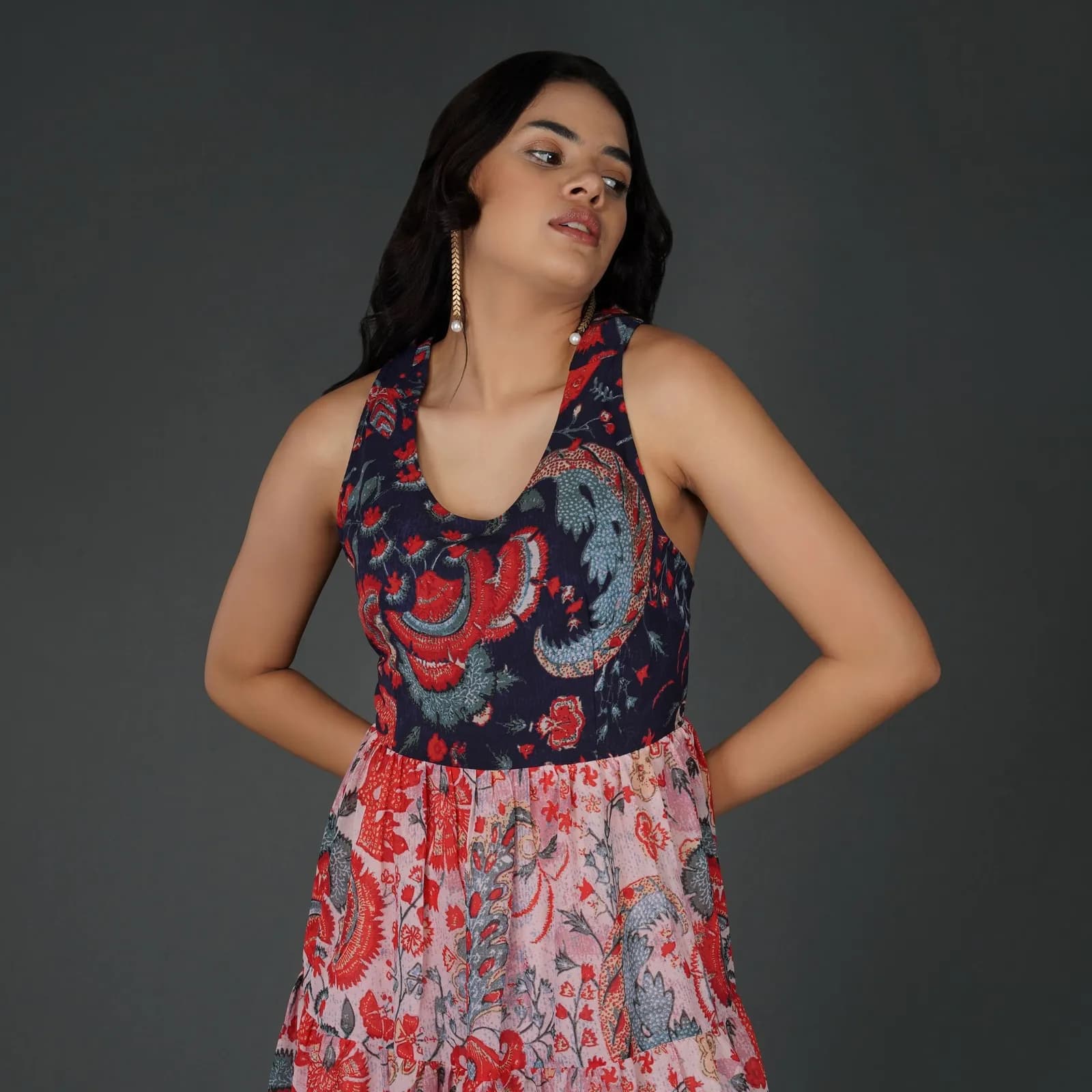 Elegant Printed Georgette Halter Midi Dress with Tiered Skirt