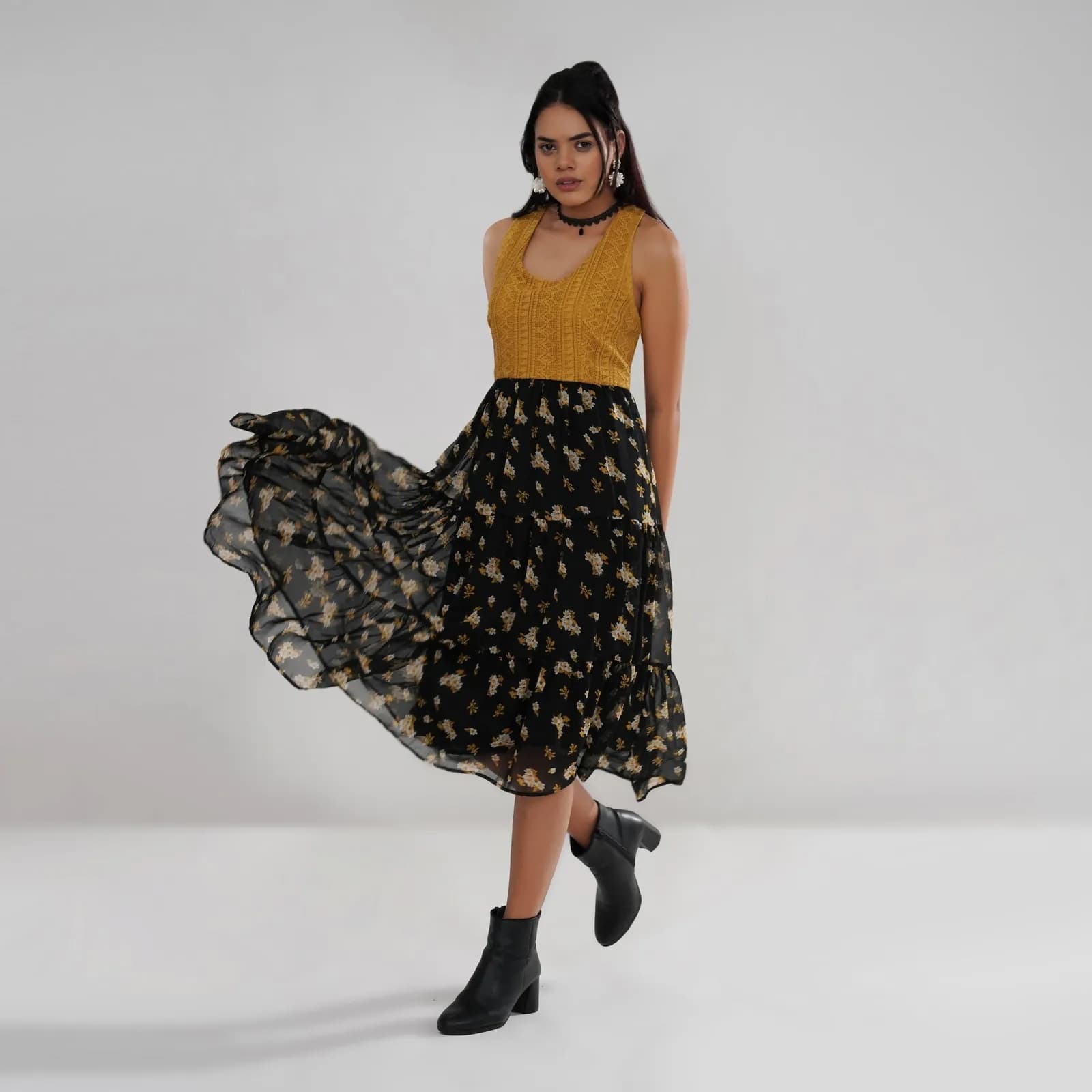 Mustard Crochet Bodice Dress with Floral Georgette Skirt