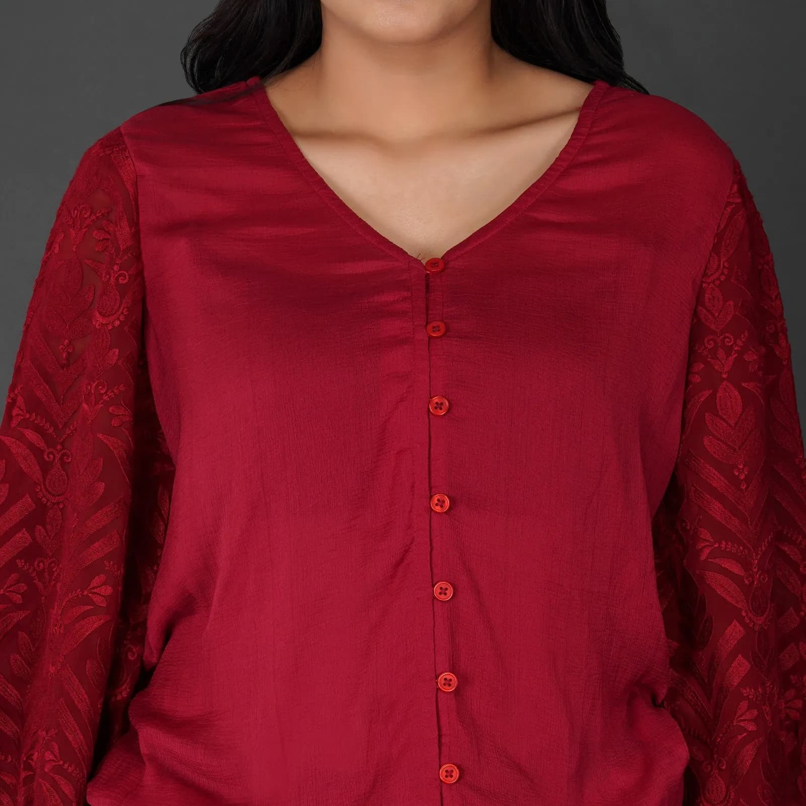 Embroidered Sleeves With Button-Down Viscose Georgette Top