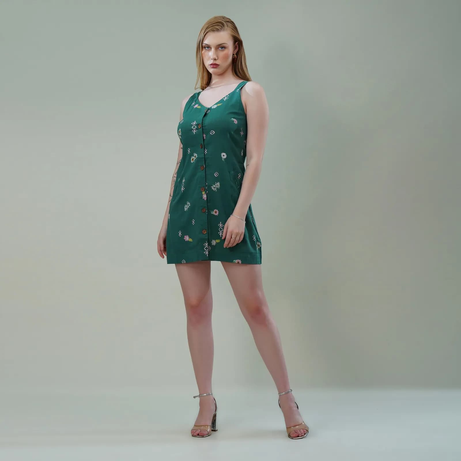 Floral Button-Down Squared V-Neck Dress