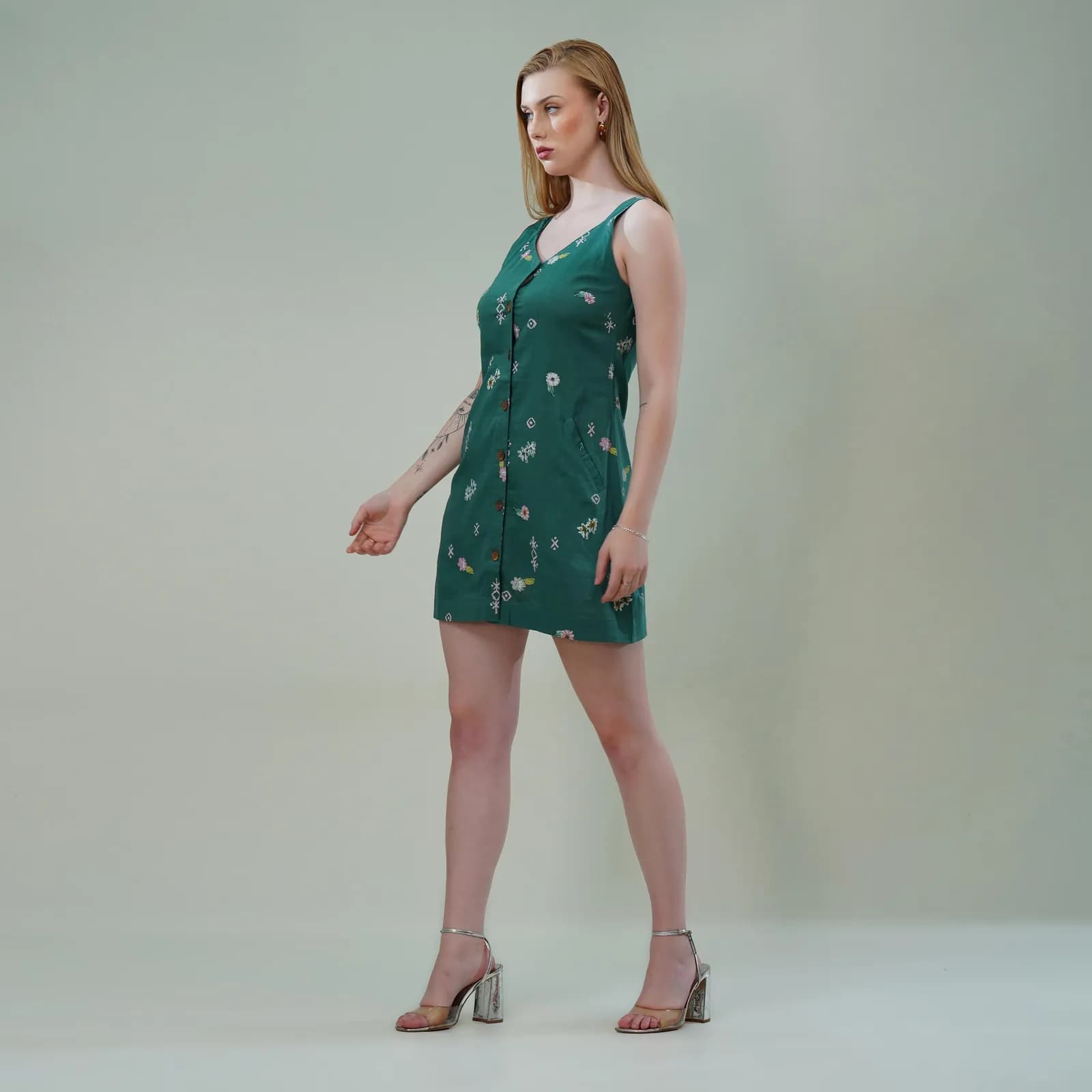 Floral Button-Down Squared V-Neck Dress