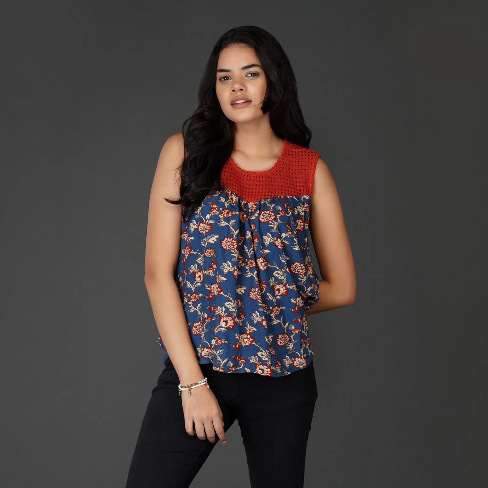 Floral Crochet Lace-Up Boho Top