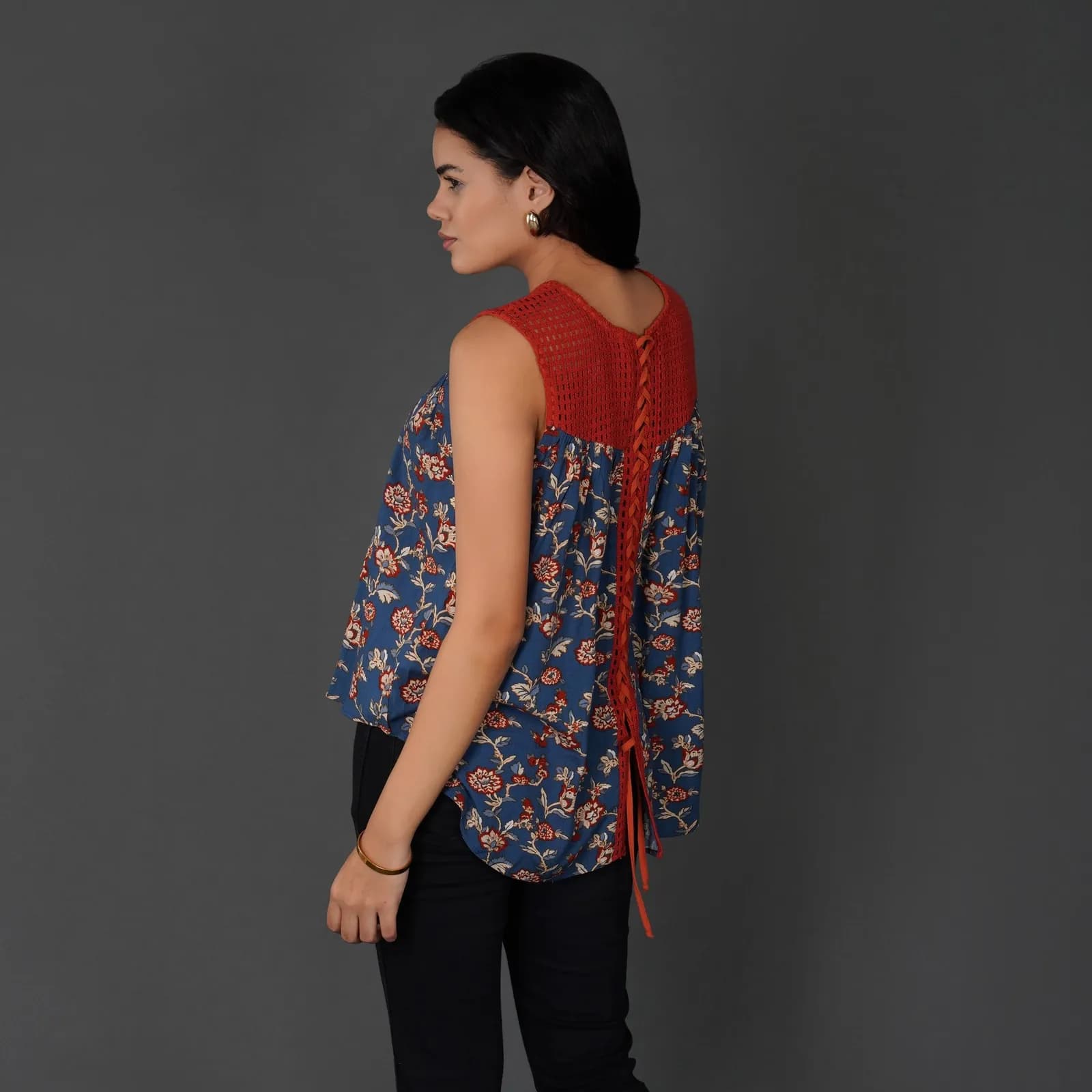 Floral Crochet Lace-Up Boho Top