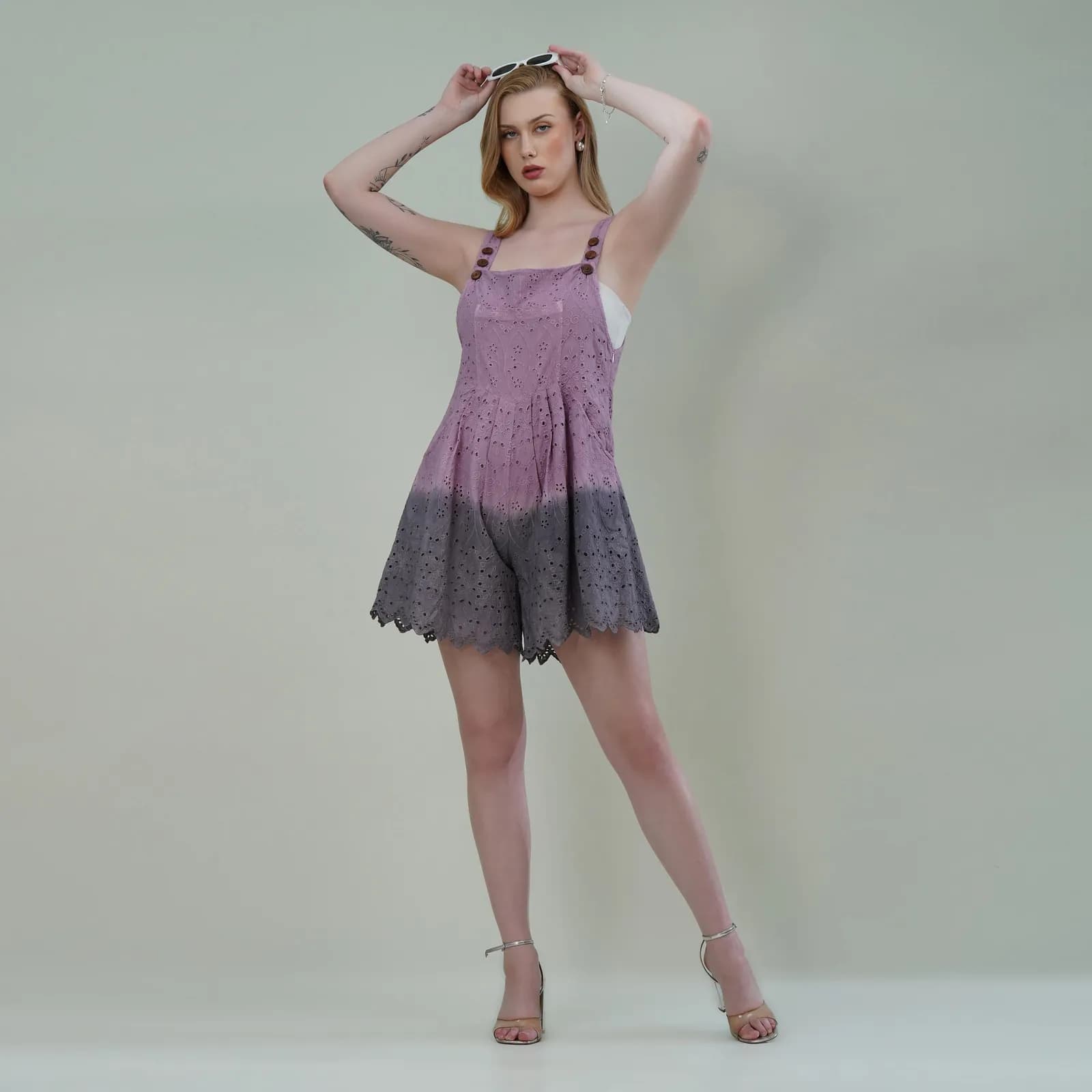 Mauve Cotton Ombre Schiffli Jumpsuit with Scalloped Hem & Buttoned Straps