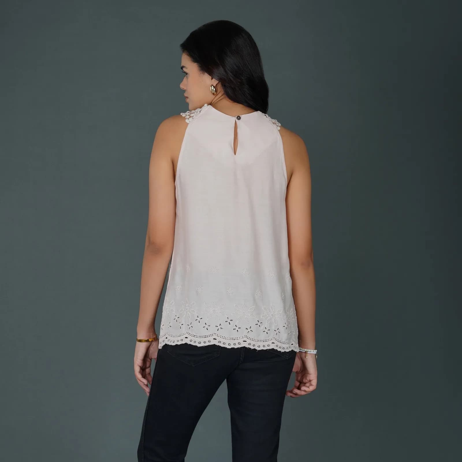 Misty Rose Pink Sleeveless Top with Crochet Lace and Schiffli Embroidery