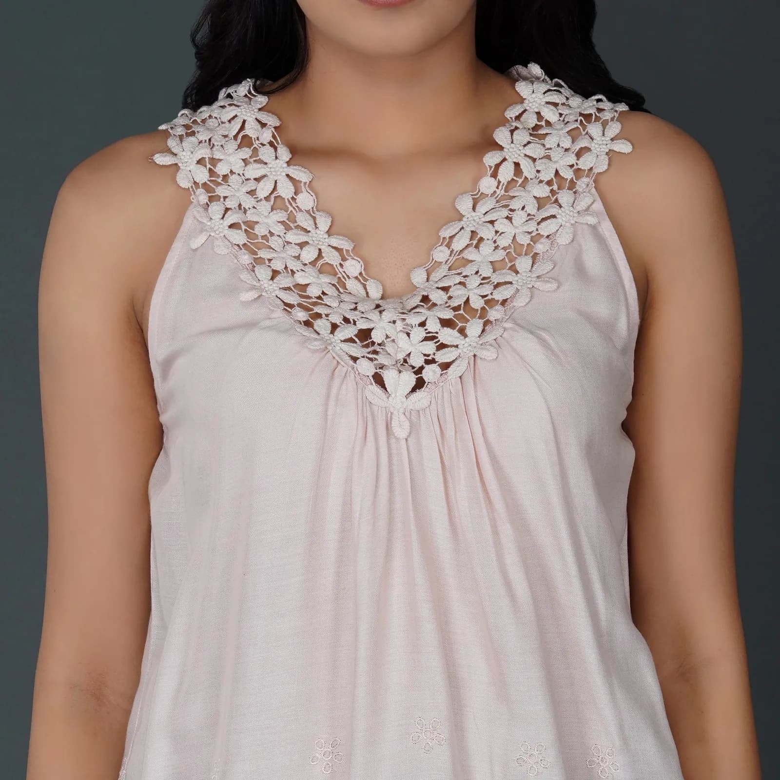 Misty Rose Pink Sleeveless Top with Crochet Lace and Schiffli Embroidery