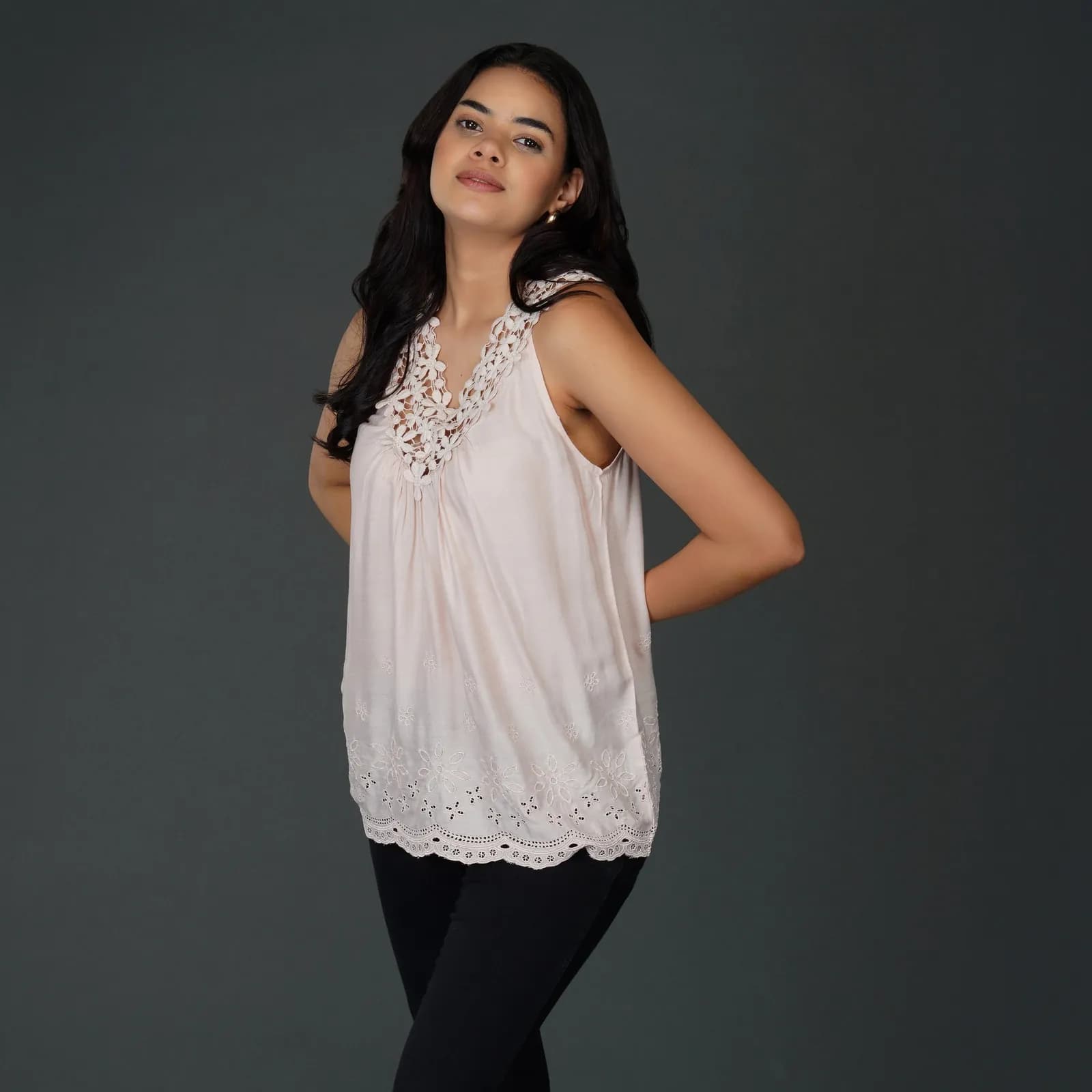 Misty Rose Pink Sleeveless Top with Crochet Lace and Schiffli Embroidery