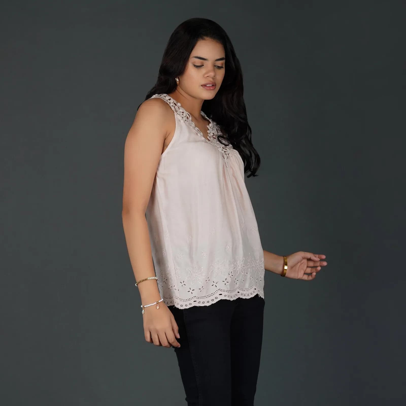 Misty Rose Pink Sleeveless Top with Crochet Lace and Schiffli Embroidery