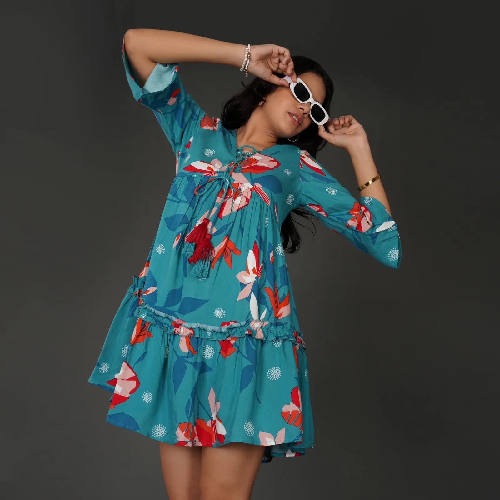 Boho Floral Sea Blue Rayon Dress with Tassel Detailing