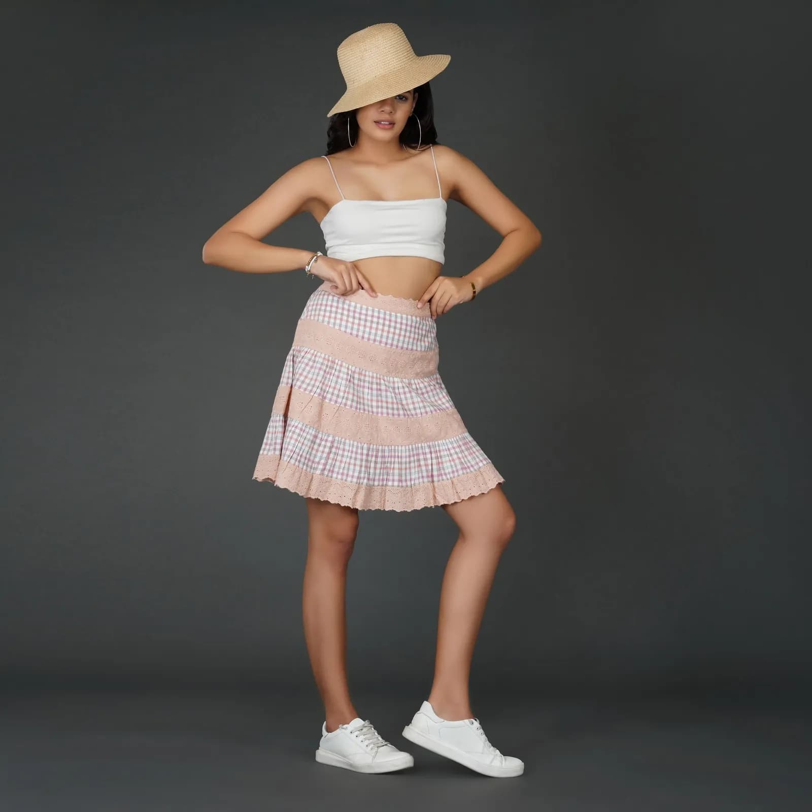 Pastel Checkered Cotton and Schiffli Lace Flared Skirt