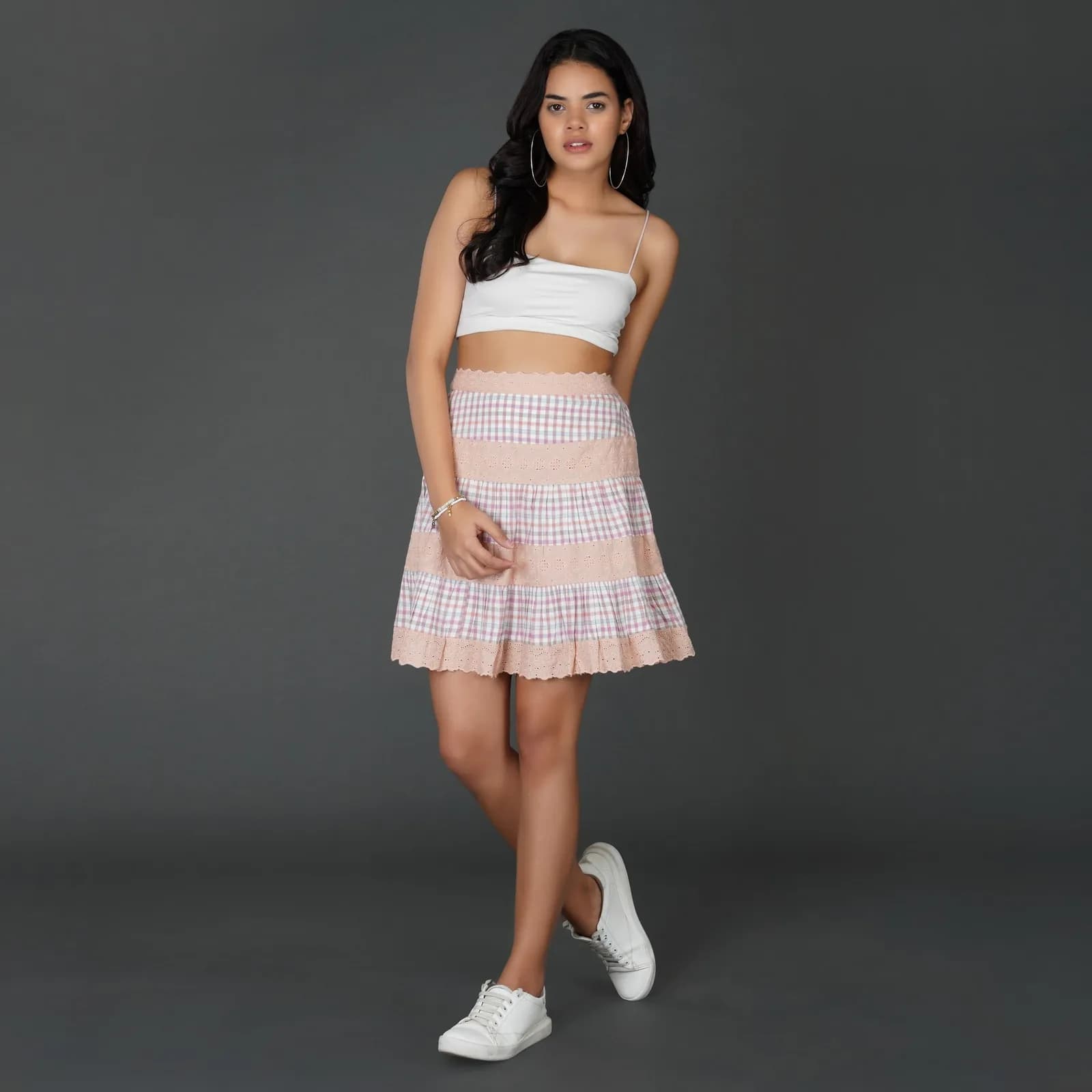 Pastel Checkered Cotton and Schiffli Lace Flared Skirt