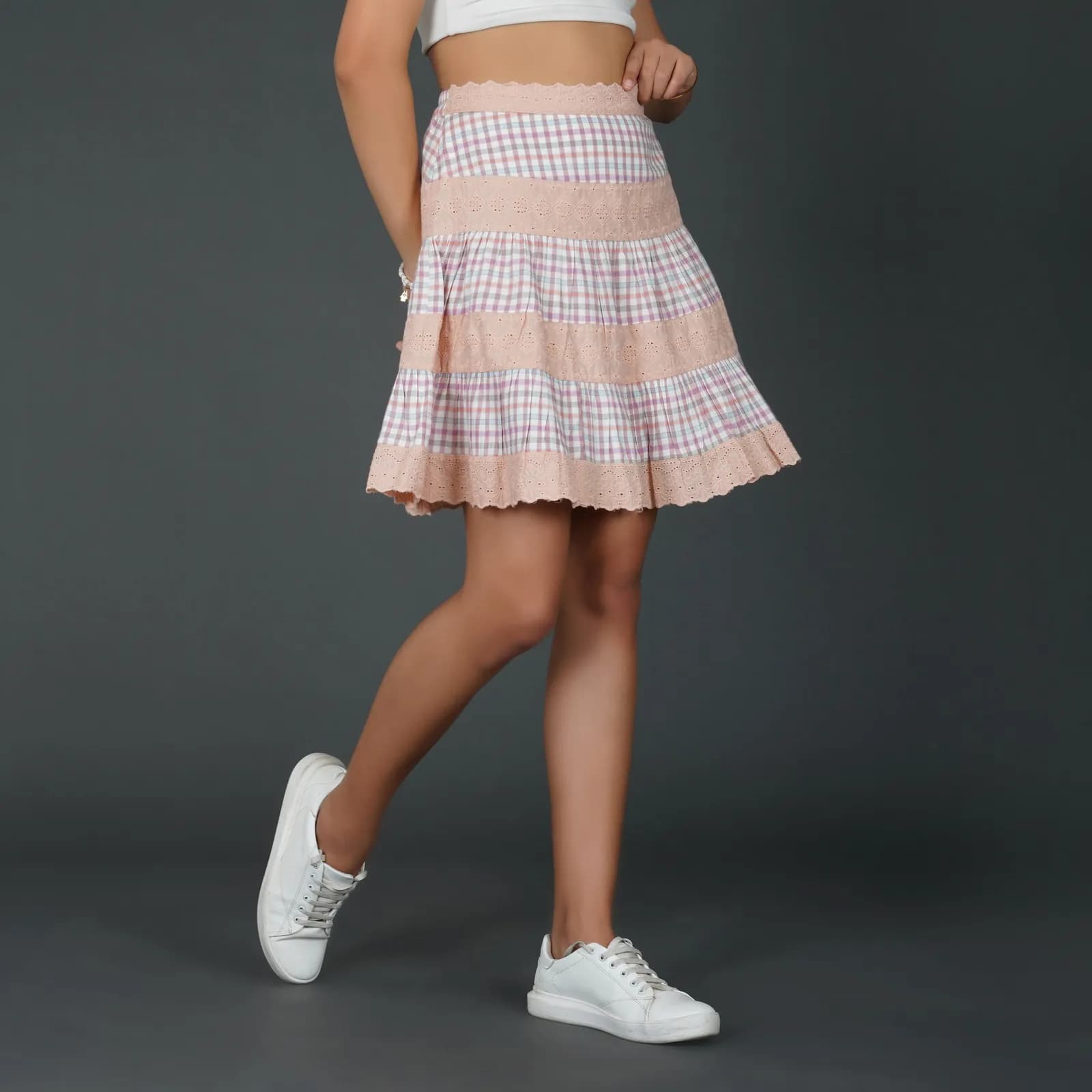 Pastel Checkered Cotton and Schiffli Lace Flared Skirt