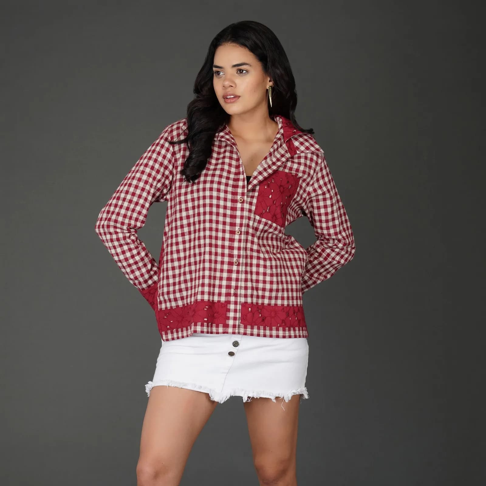 Red Cotton Check Shirt with Schiffli Embroidery and Hood
