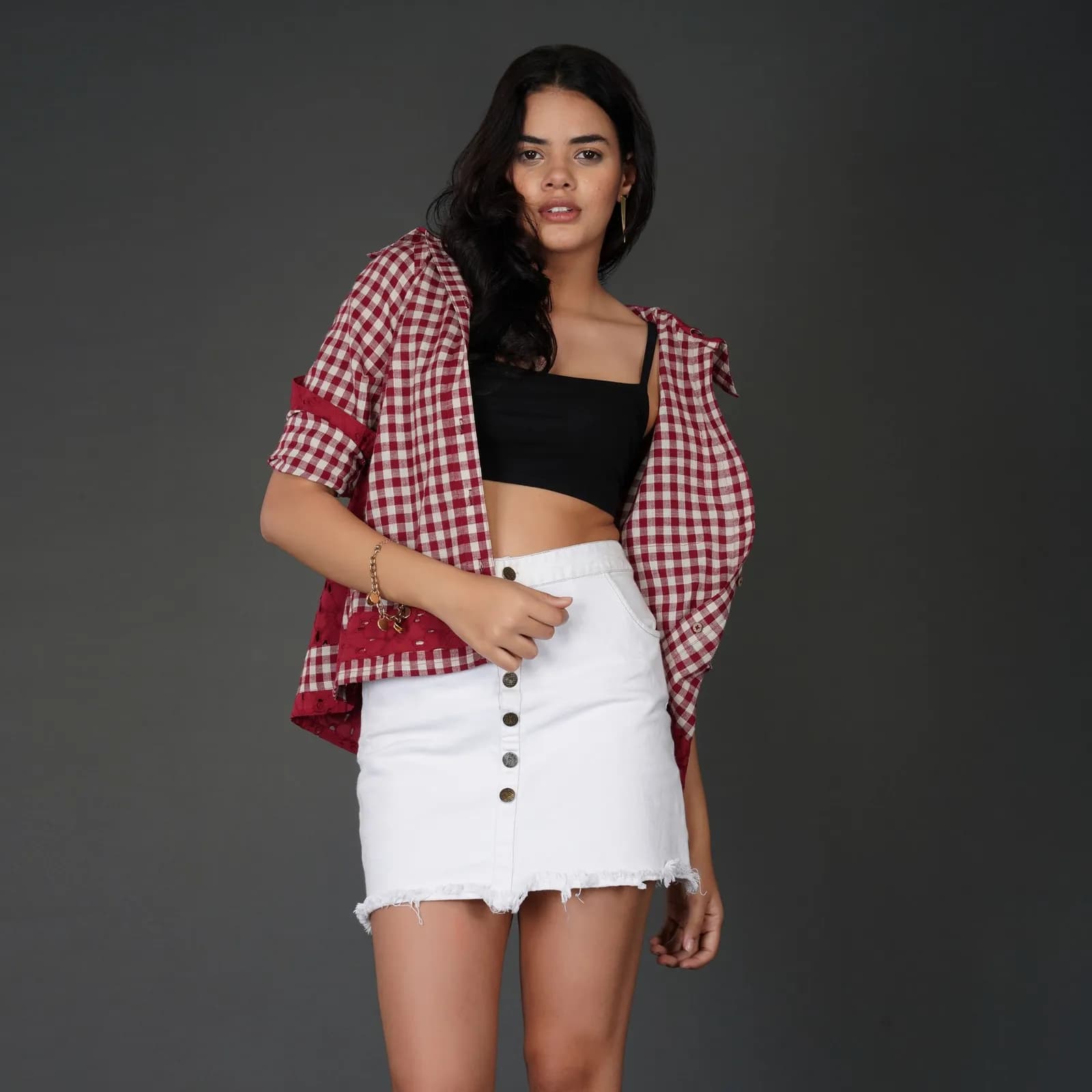 Red Cotton Check Shirt with Schiffli Embroidery and Hood