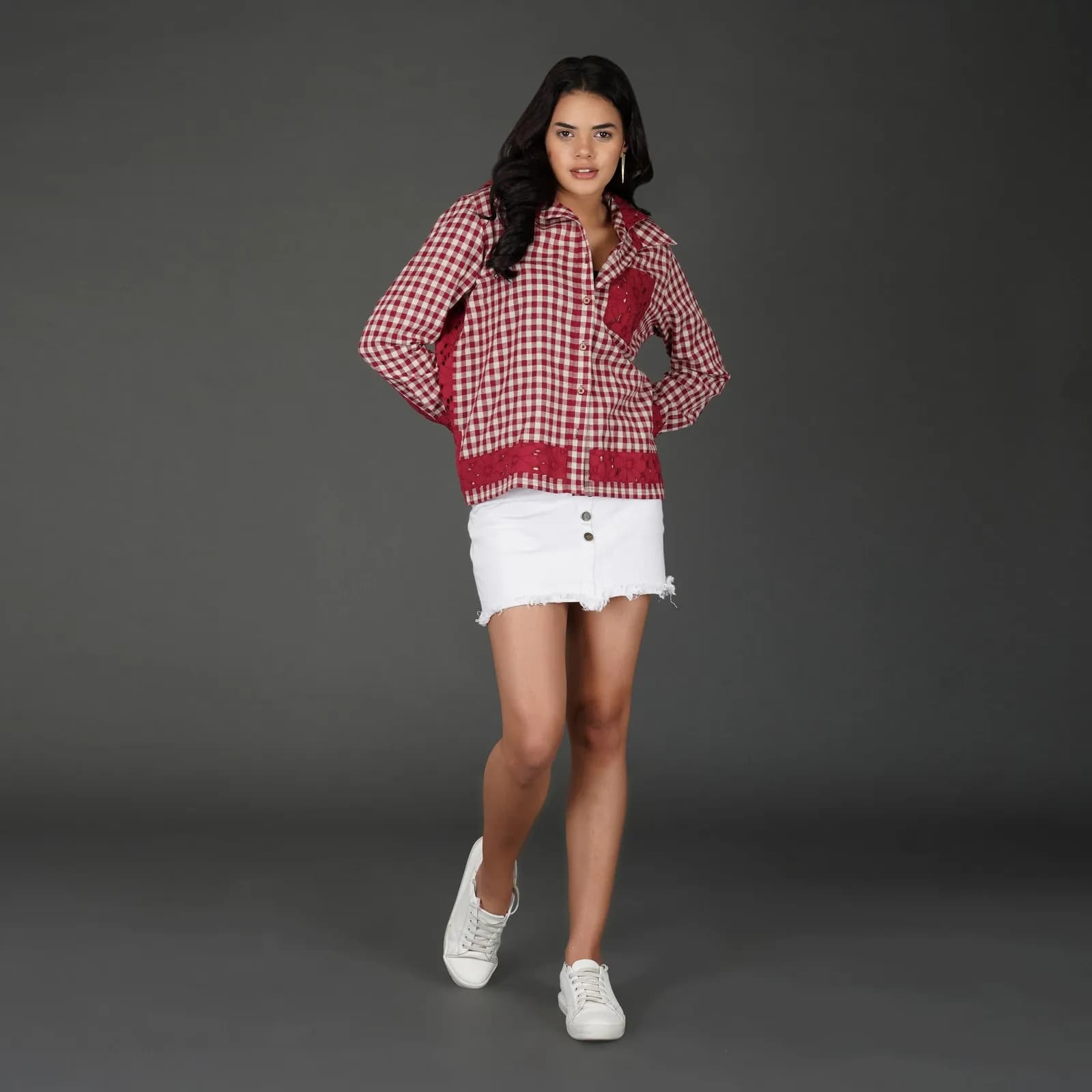 Red Cotton Check Shirt with Schiffli Embroidery and Hood