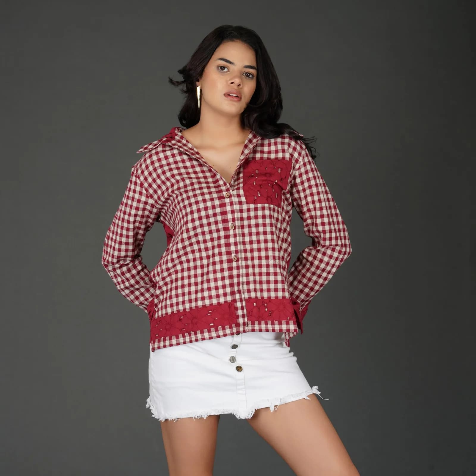 Red Cotton Check Shirt with Schiffli Embroidery and Hood