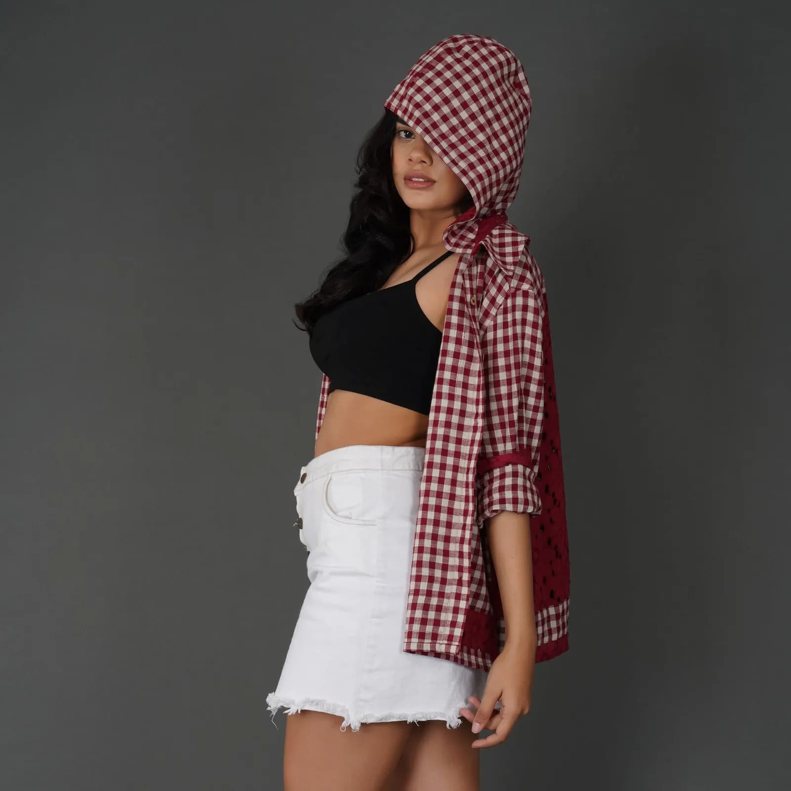 Red Cotton Check Shirt with Schiffli Embroidery and Hood