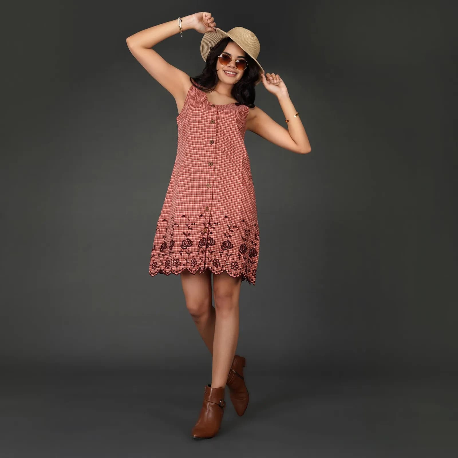 Rust Check Sleeveless Cotton Dress with Floral Embroidered Hem