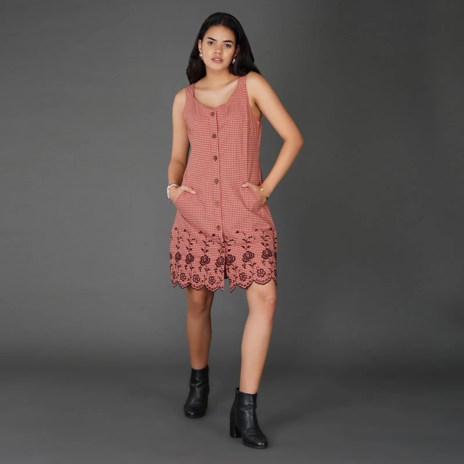 Rust Check Sleeveless Cotton Dress with Floral Embroidered Hem