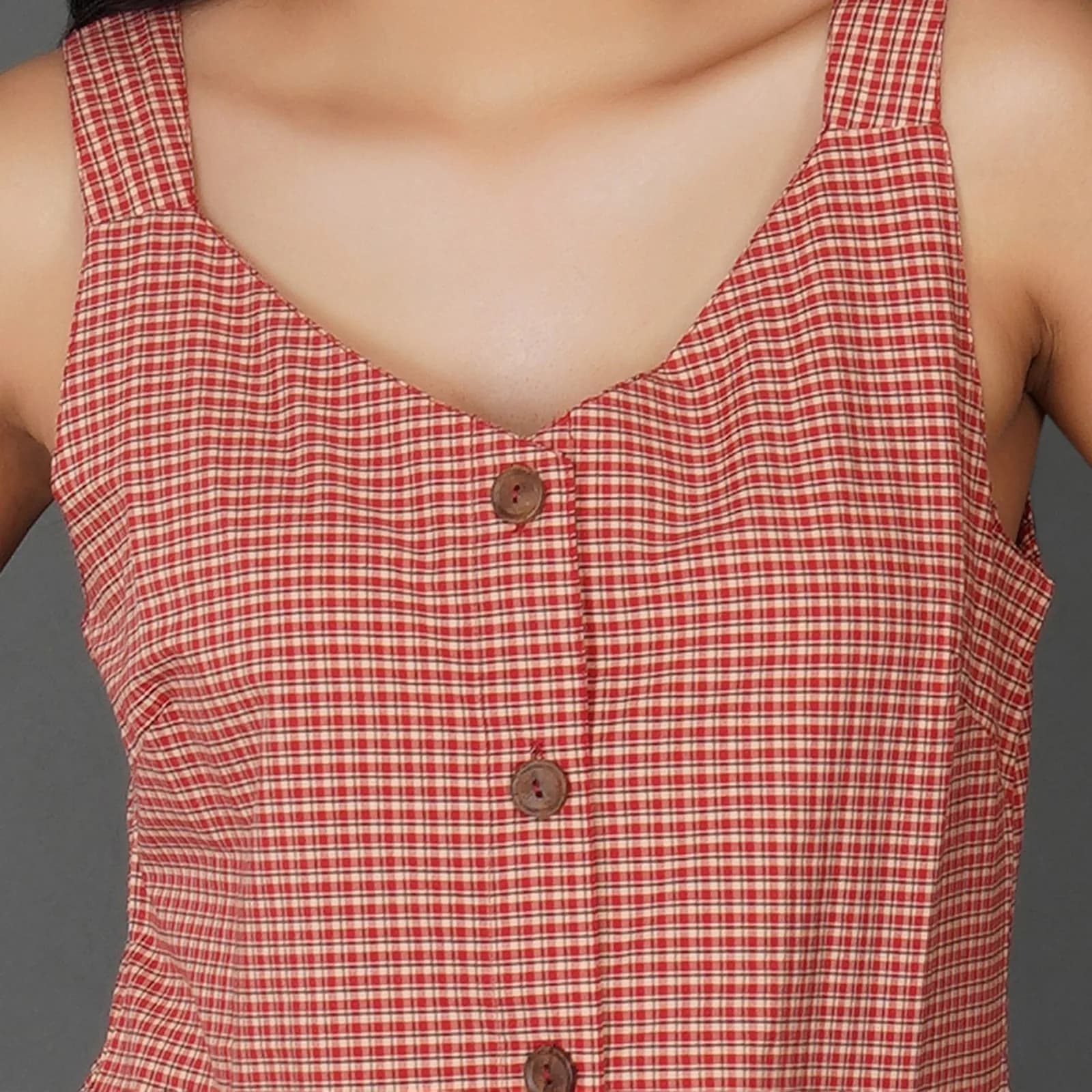 Rust Check Sleeveless Cotton Dress with Floral Embroidered Hem