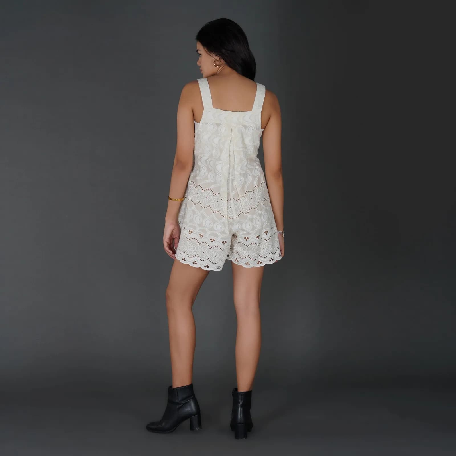 Scalloped Schiffli Cotton Jumpsuit with Button Details