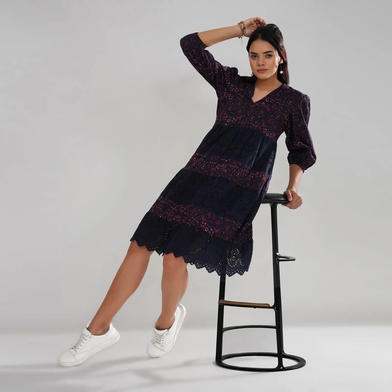 Schiffli Embroidered and Printed Rayon Tiered Midi Dress