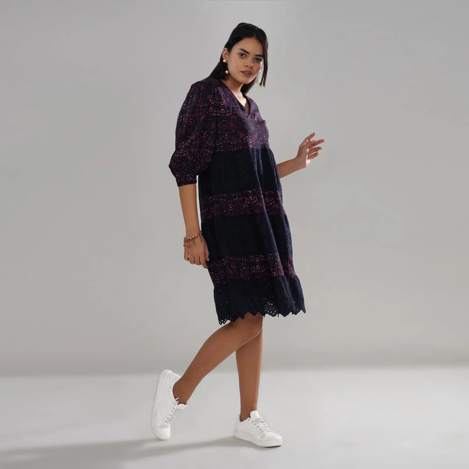 Schiffli Embroidered and Printed Rayon Tiered Midi Dress