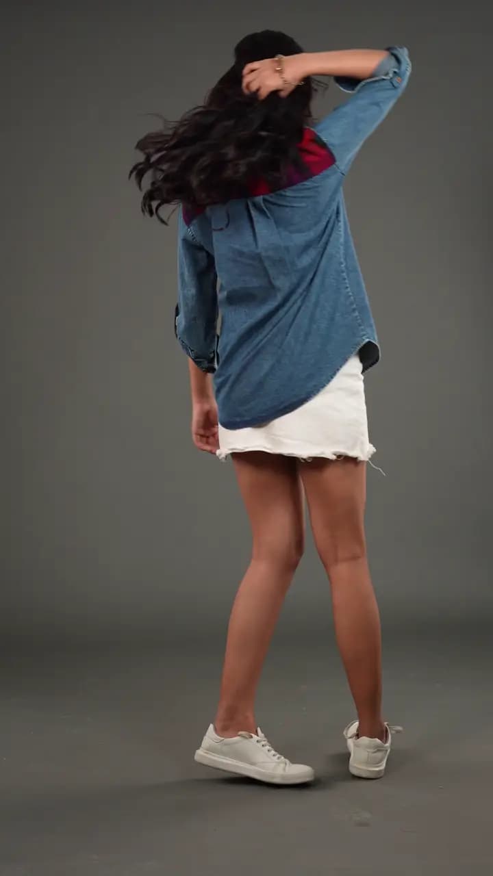Checkered Yoke Denim Shirt with Roll-Up Sleeves