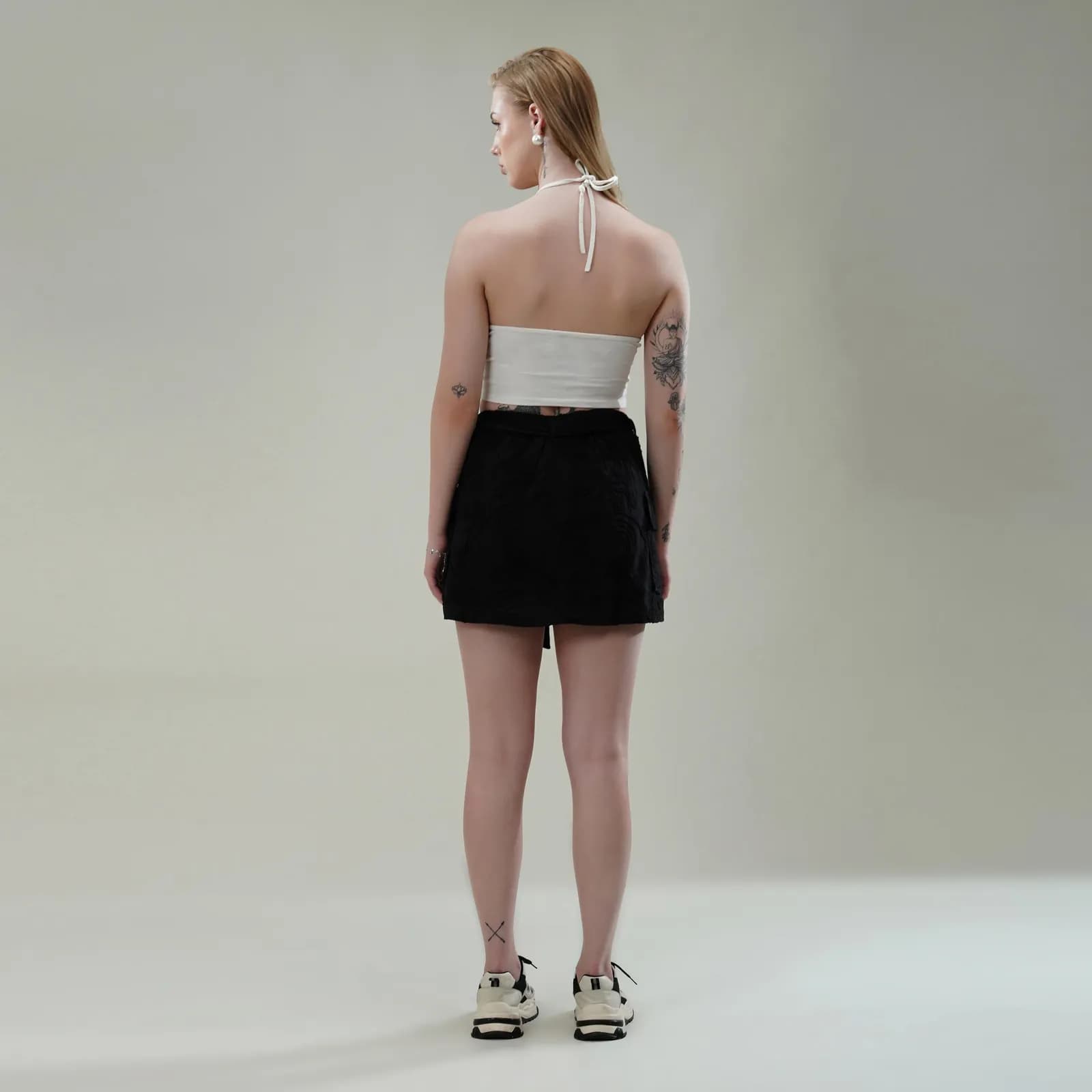 Black Dori Embroidered Cotton Flex Skirt with Utility Pockets & Waist Tie