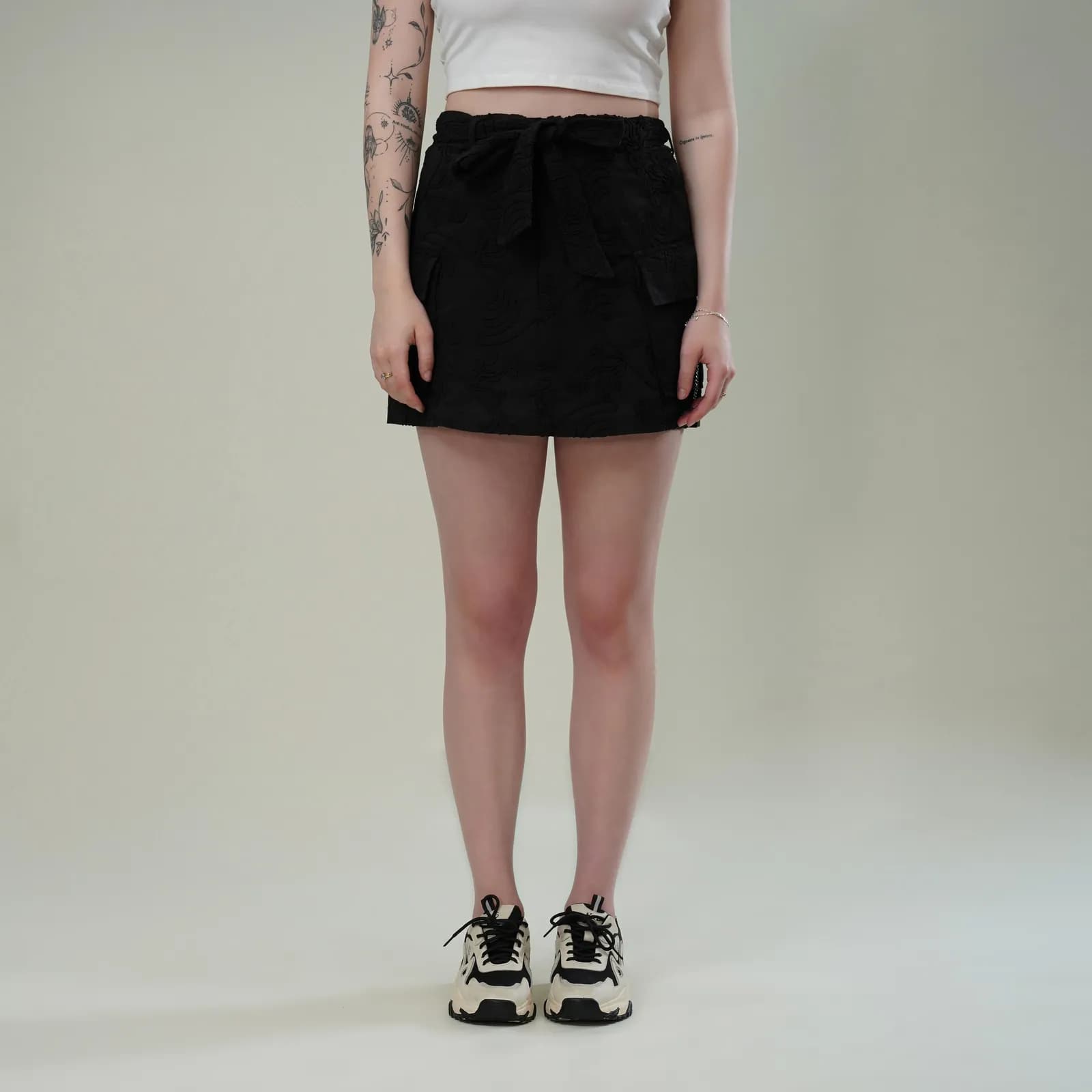 Black Dori Embroidered Cotton Flex Skirt with Utility Pockets & Waist Tie