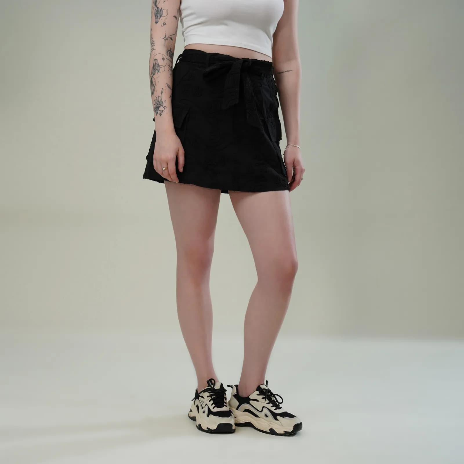 Black Dori Embroidered Cotton Flex Skirt with Utility Pockets & Waist Tie