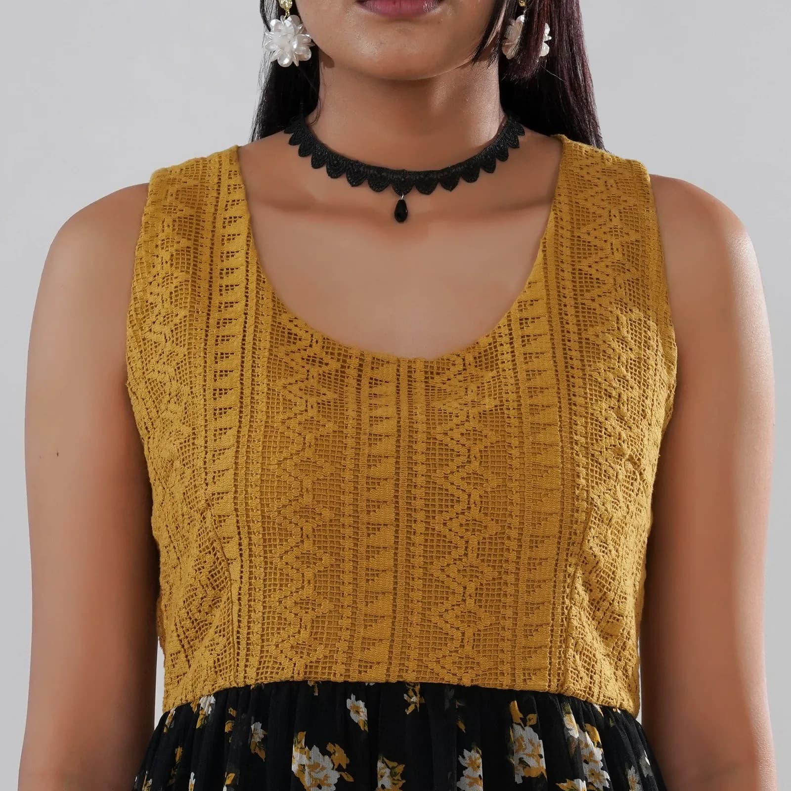 Mustard Crochet Bodice Dress with Floral Georgette Skirt