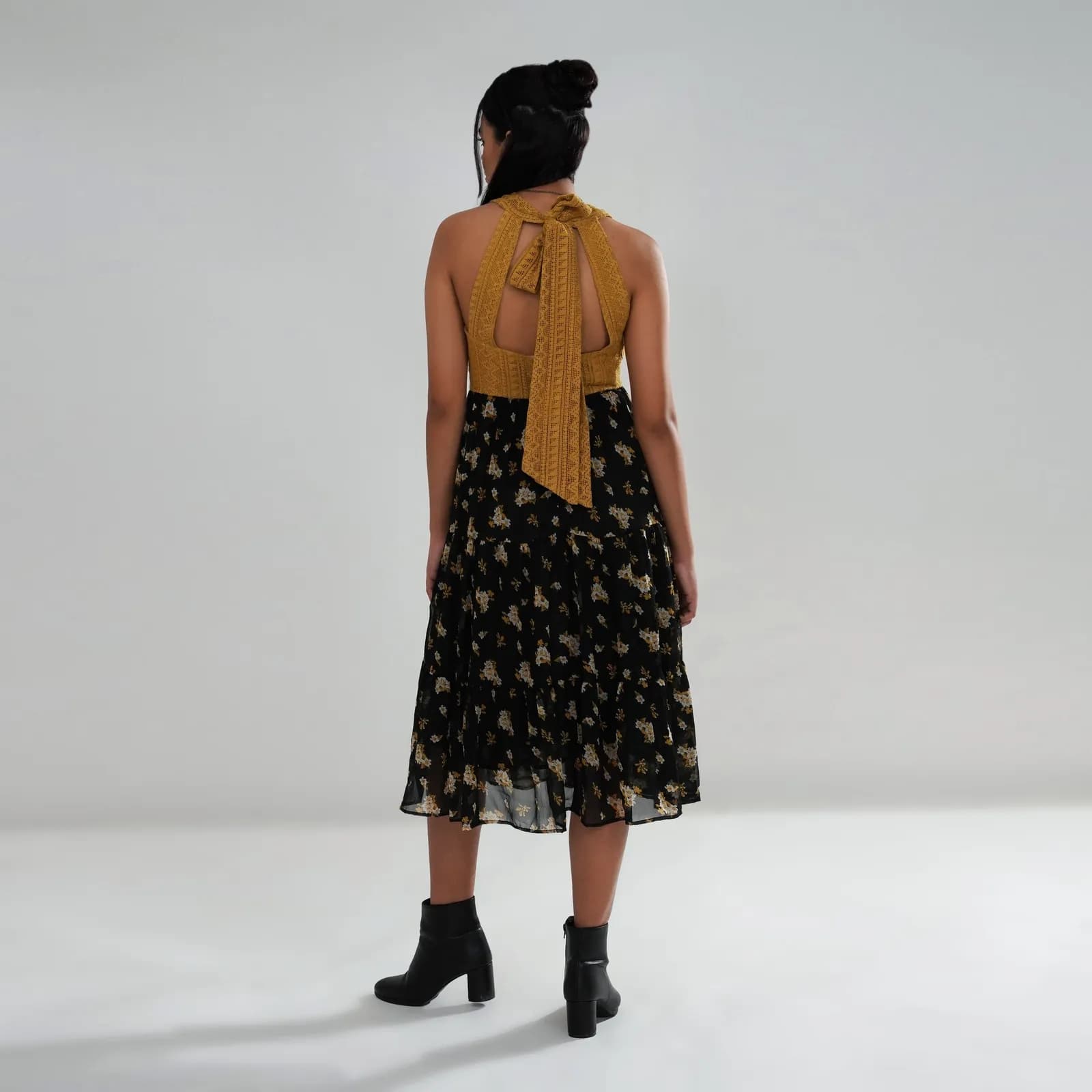 Mustard Crochet Bodice Dress with Floral Georgette Skirt