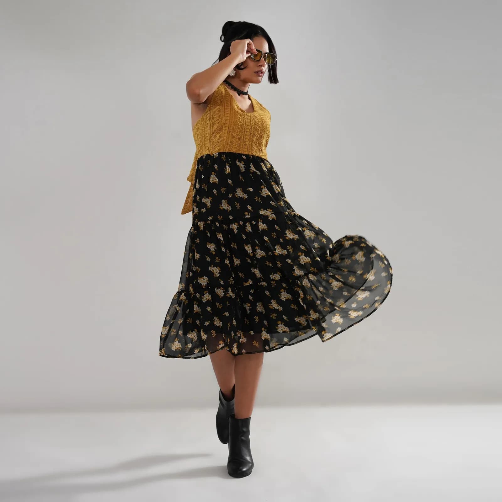 Mustard Crochet Bodice Dress with Floral Georgette Skirt