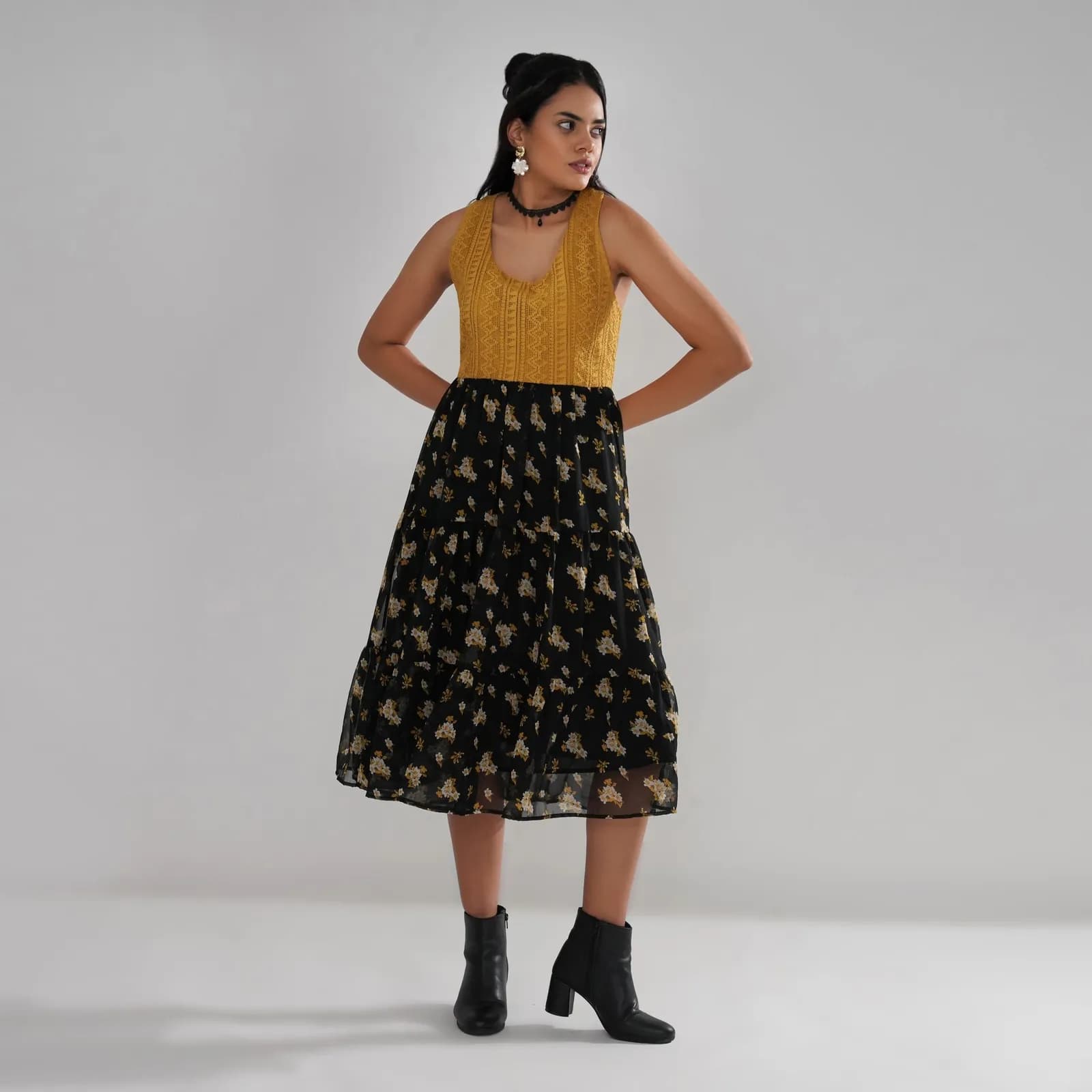 Mustard Crochet Bodice Dress with Floral Georgette Skirt