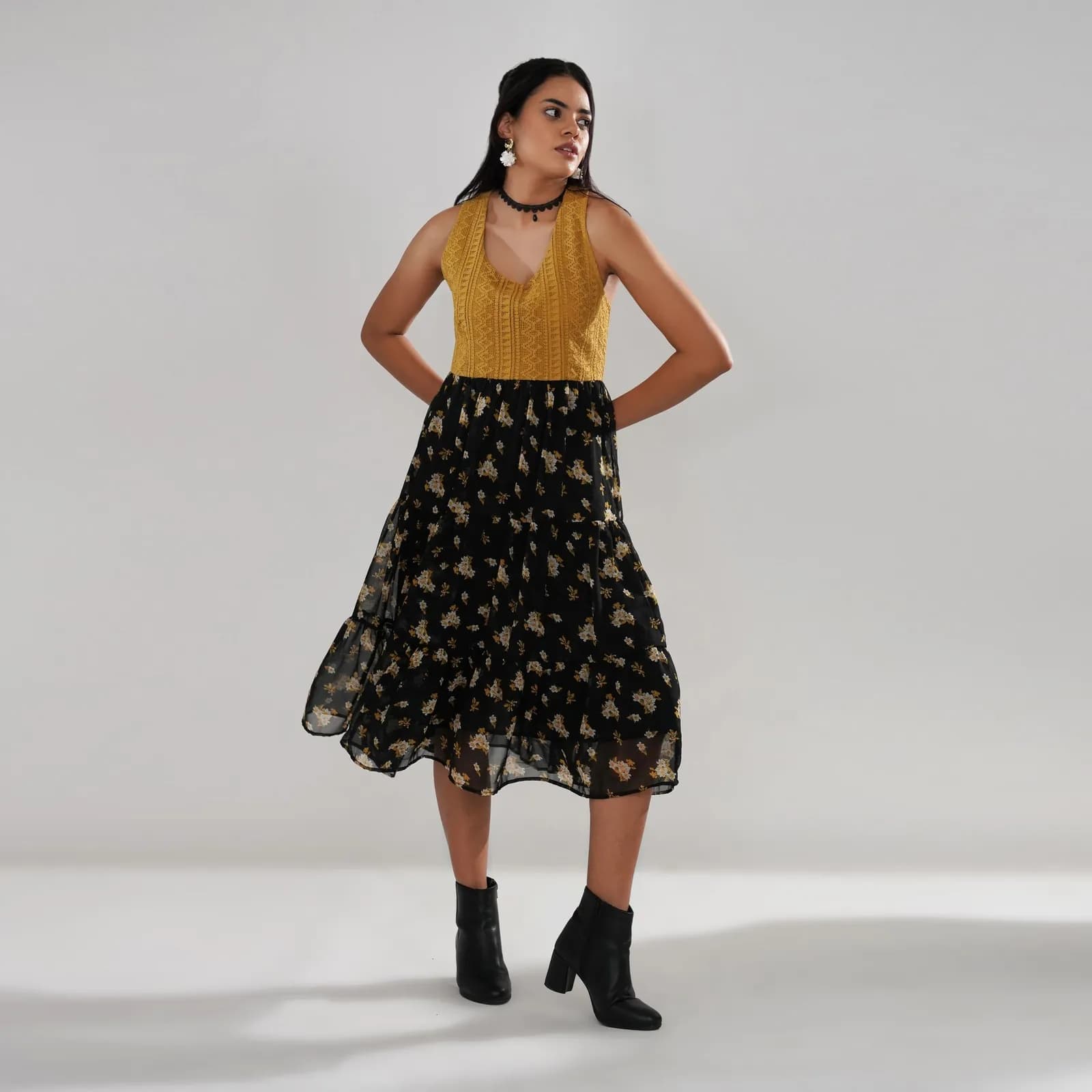 Mustard Crochet Bodice Dress with Floral Georgette Skirt