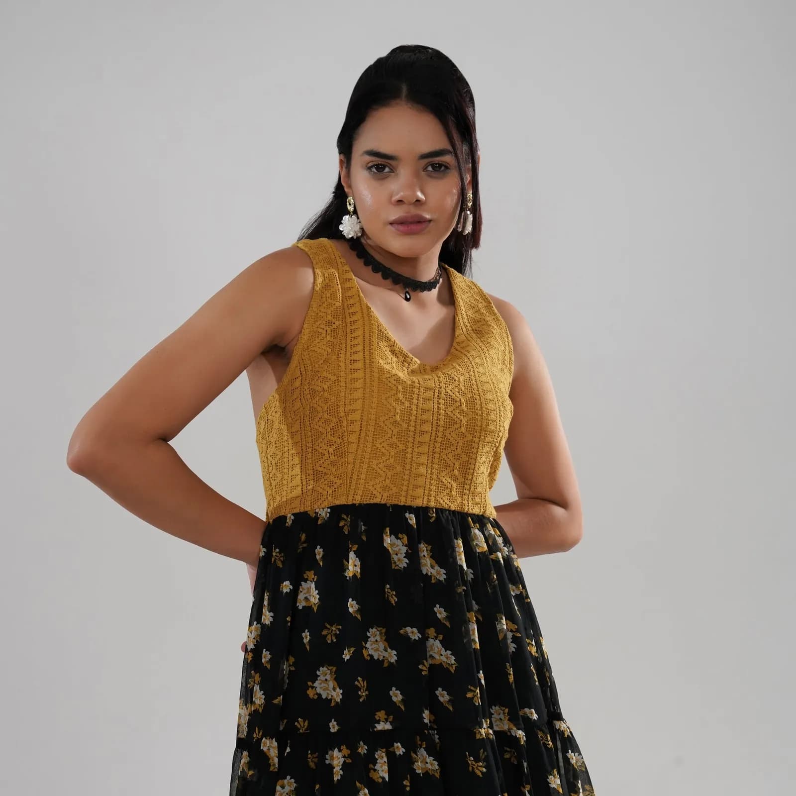 Mustard Crochet Bodice Dress with Floral Georgette Skirt